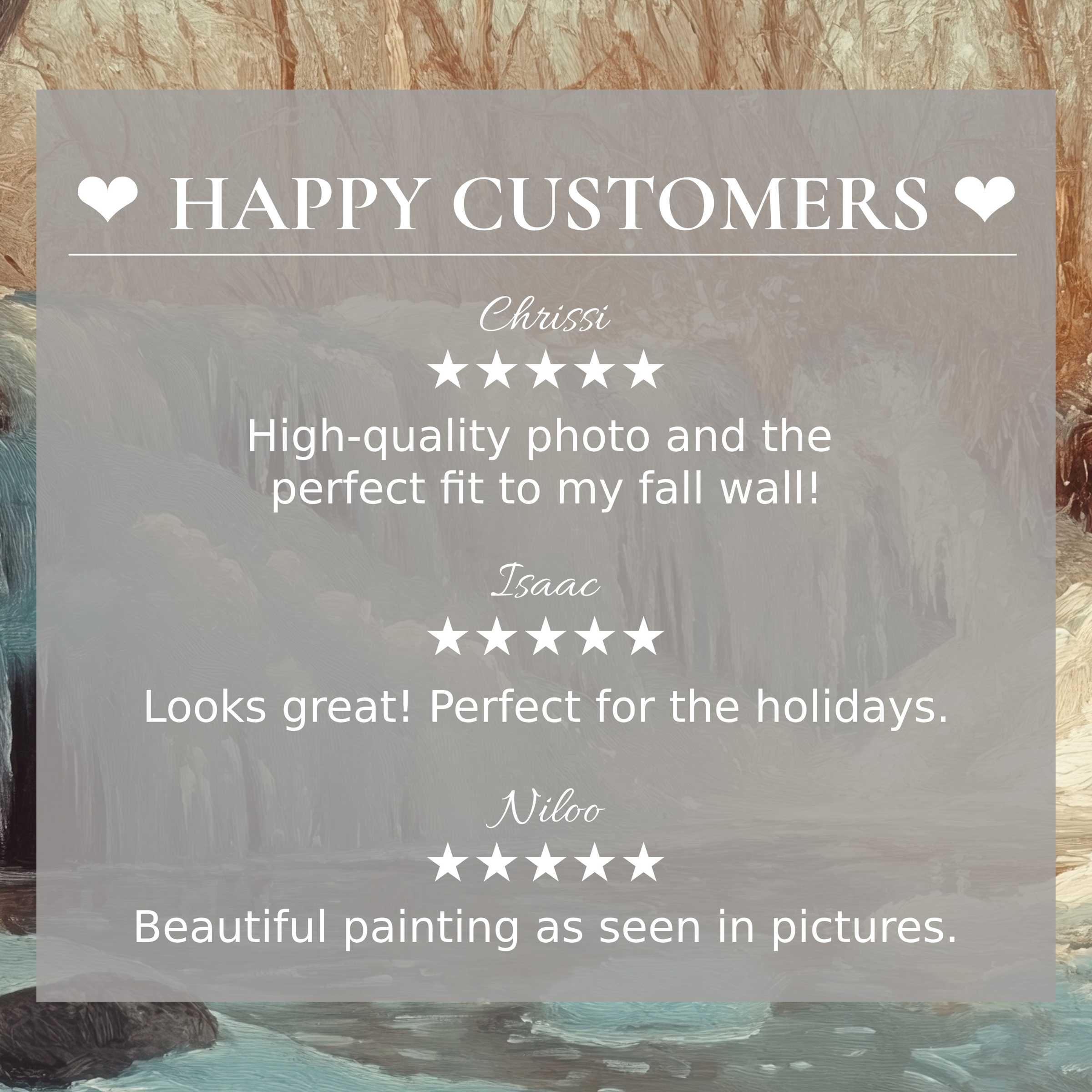 Winter art for Frame TV with abstract earthy tones, highlighting happy customer reviews and timeless elegant appeal