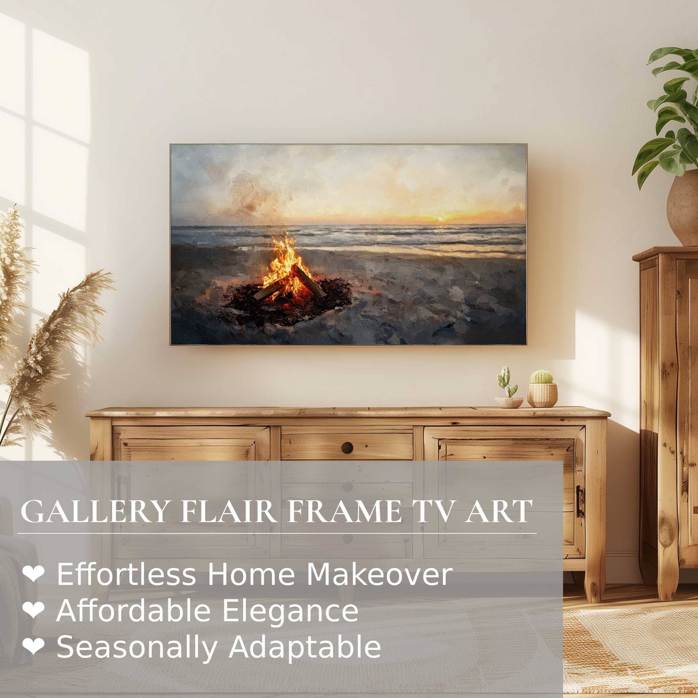Cozy beach bonfire digital artwork displayed on Samsung Frame TV in a warm, rustic living room