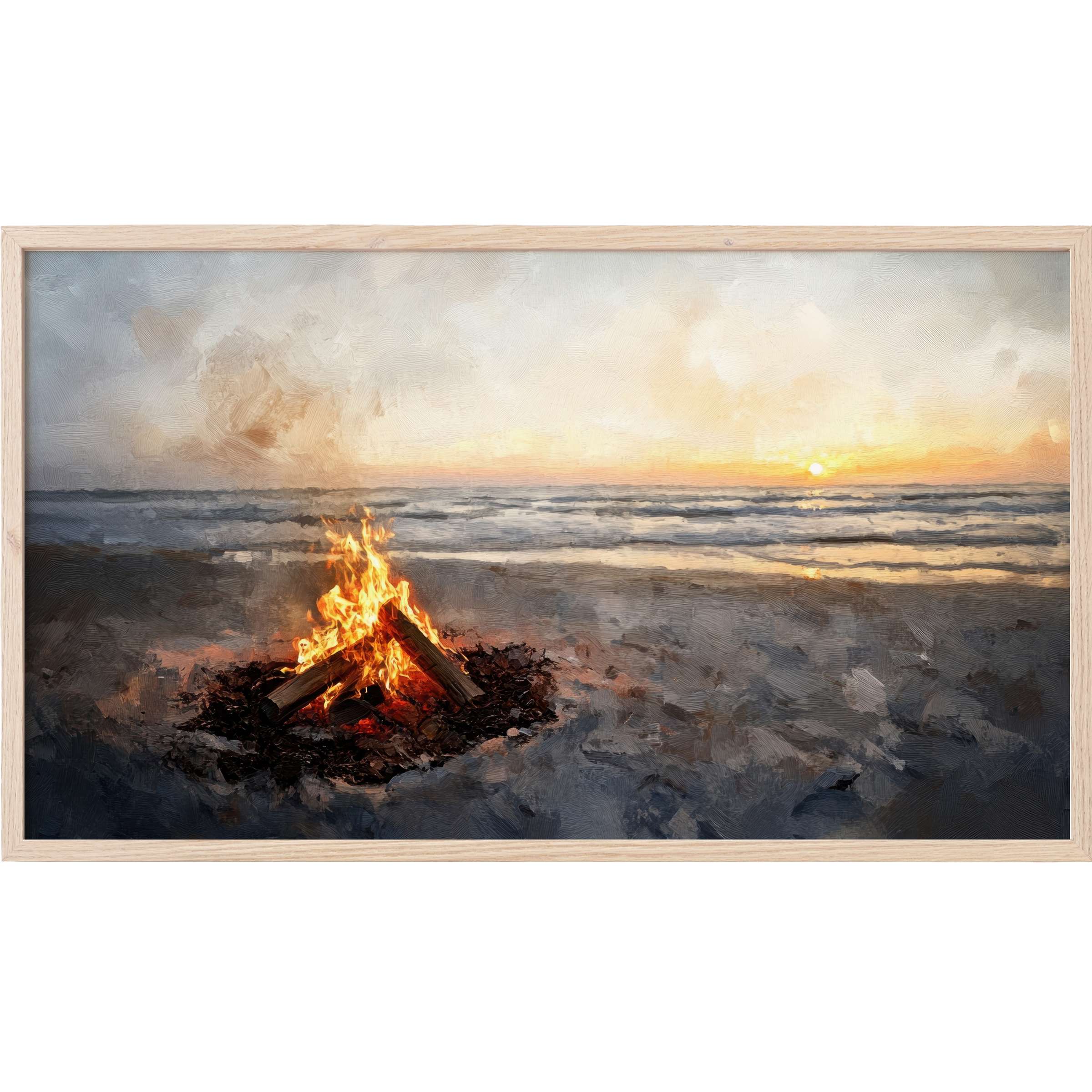 Coastal Frame TV Art: serene beach scene with a glowing bonfire at sunset, soft blues and warm oranges blend in a painterly style
