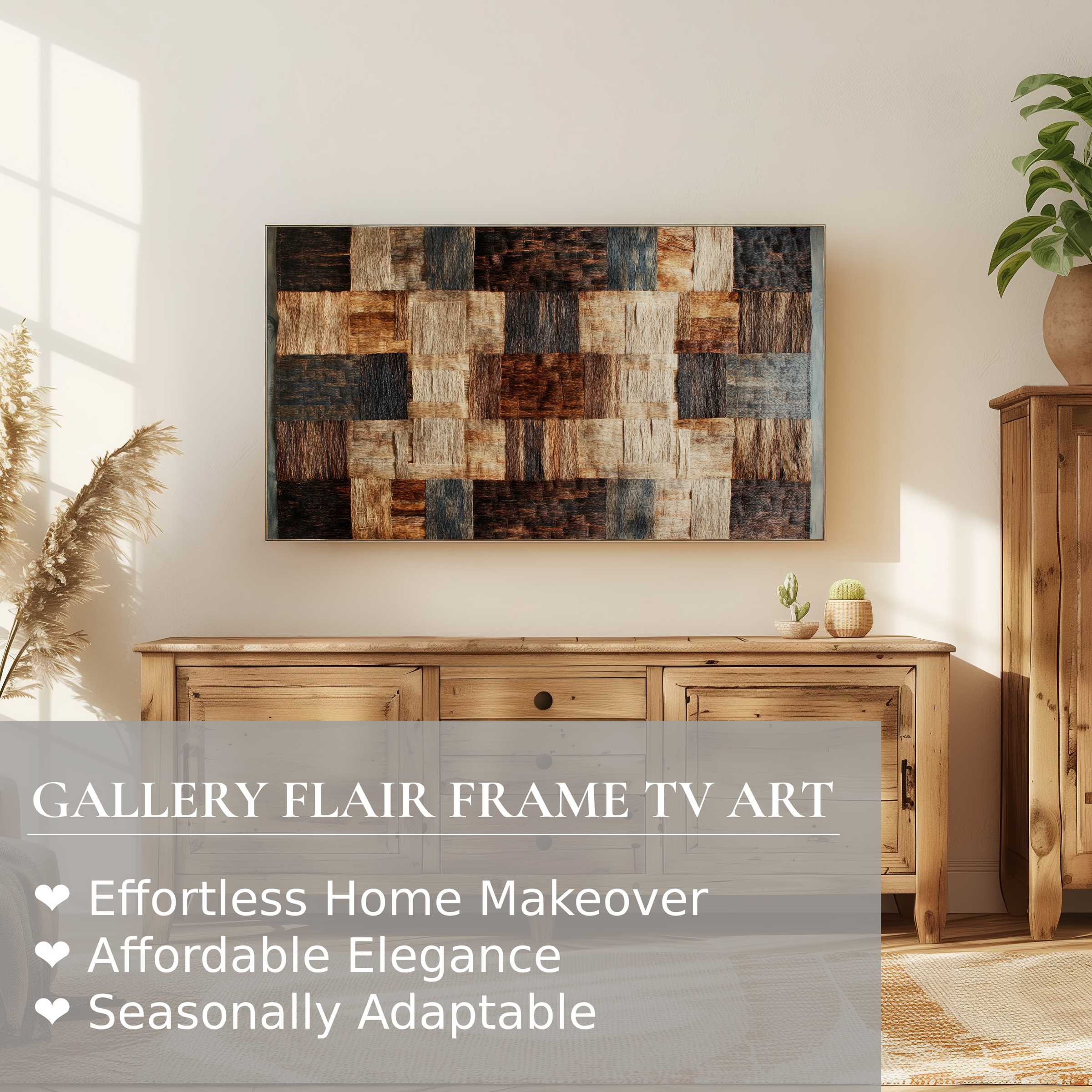 Samsung Frame TV displays warm, textured boho digital artwork in a sunlit, elegant natural wood interior setting