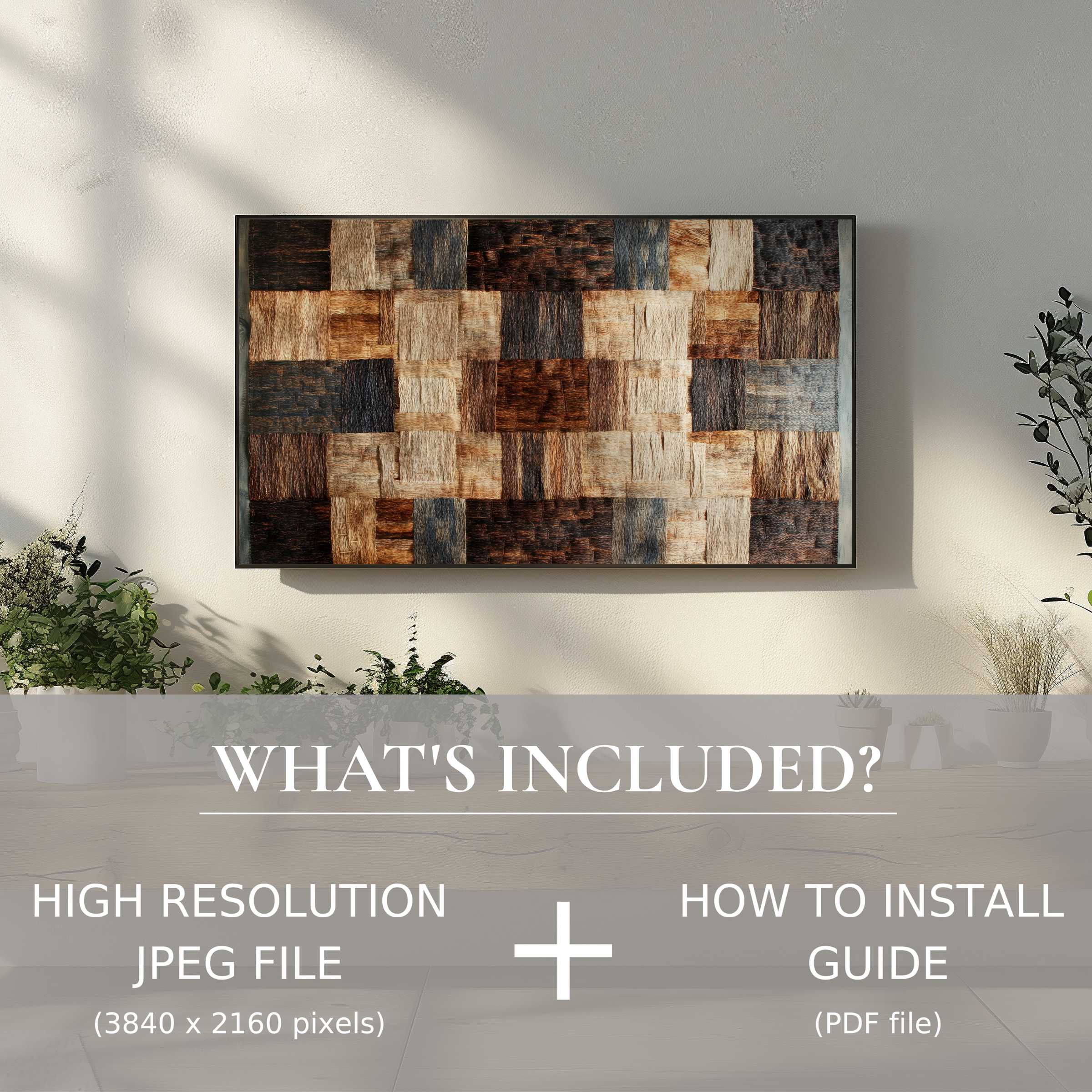 Elegant boho digital TV art download enhances minimalist living spaces with easy digital use and rich wood-tone patterns