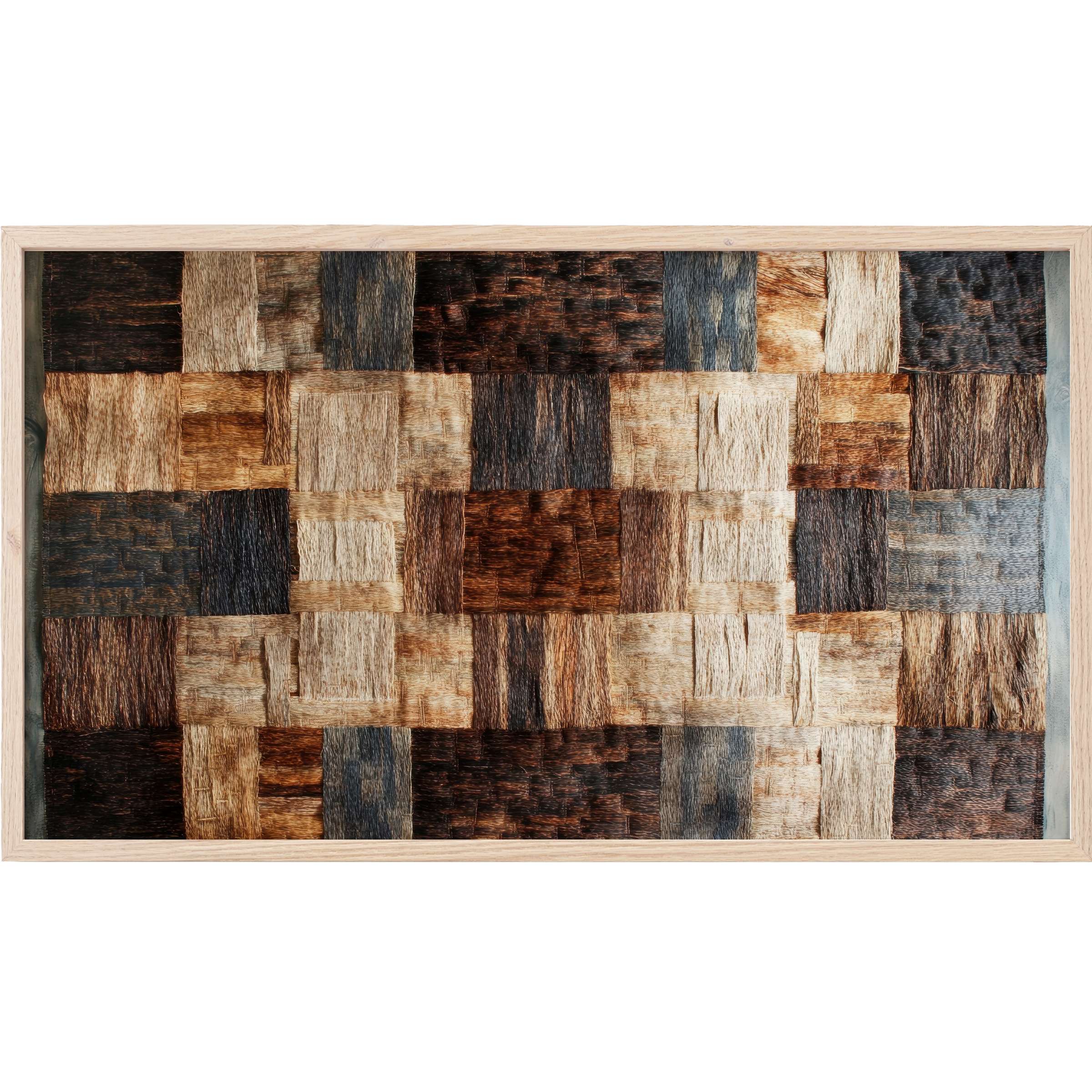 Boho Frame TV Art with warm wood tones in a geometric patchwork, blending rustic charm and modern elegance