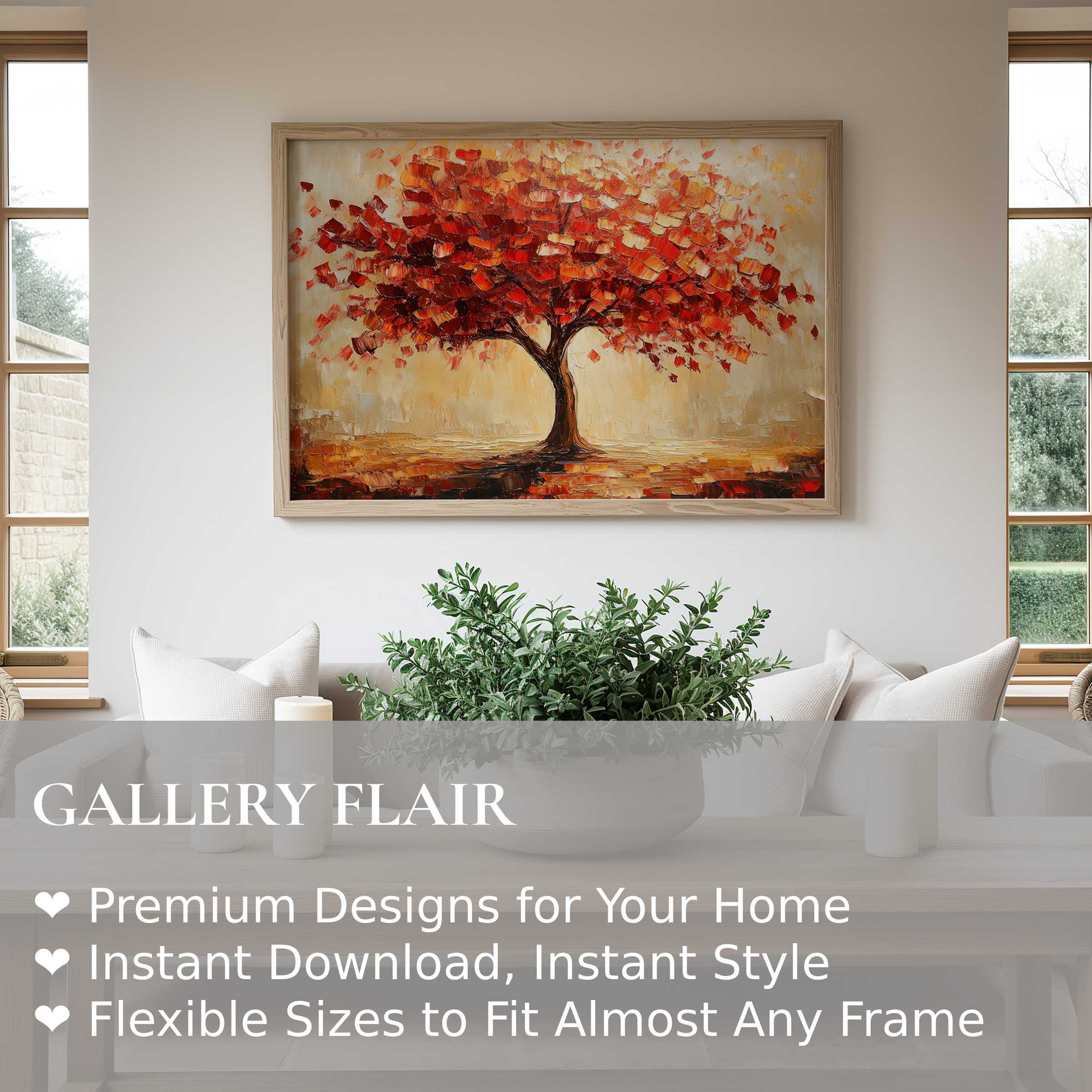 Fall wall art print featuring a radiant red-orange tree in warm tones, enhancing modern, minimalist interiors with vibrant seasonal charm