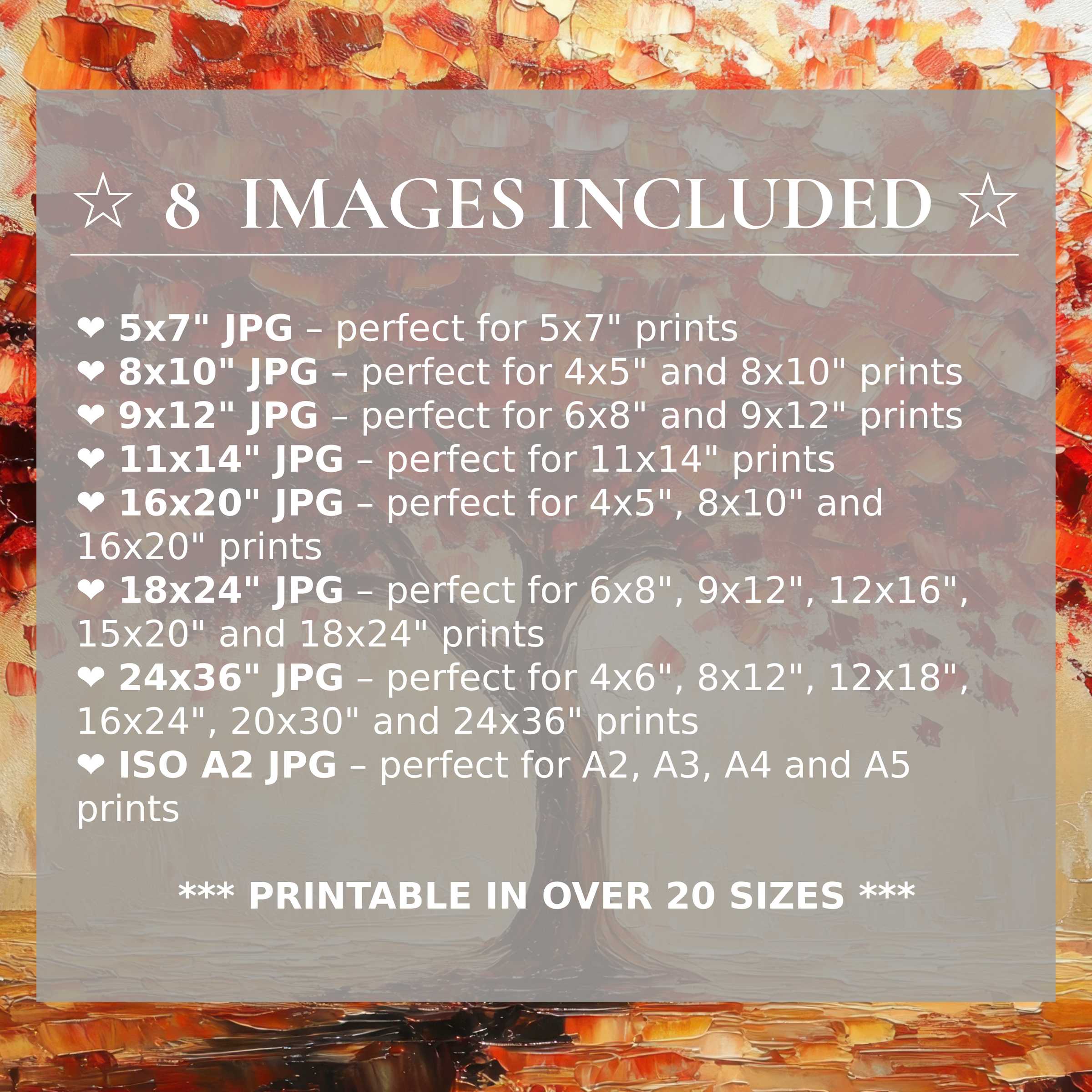Radiant fall digital print in warm amber and burnt orange hues, elevating modern interiors with style; includes 8 high-quality sizes