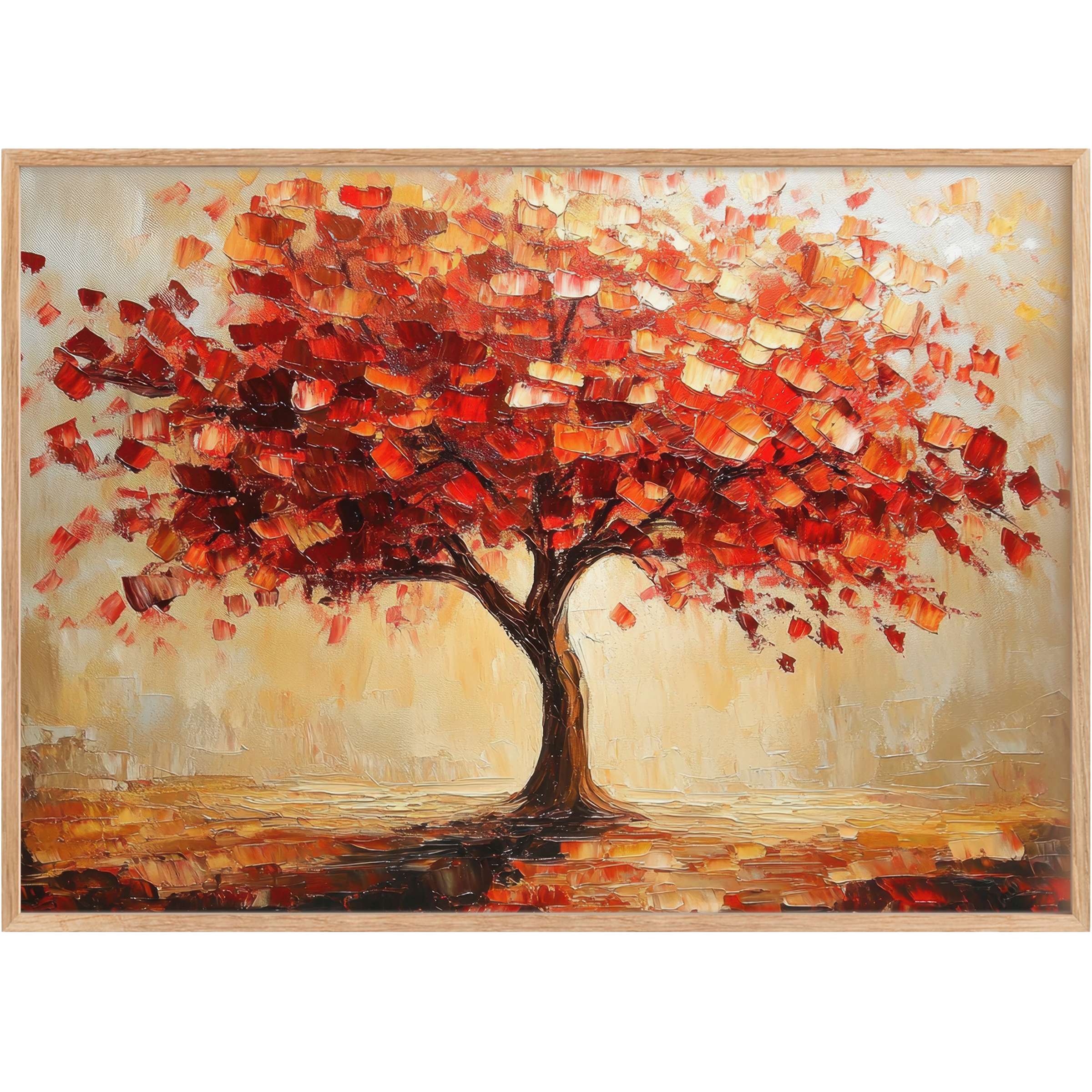 Vibrant fall printable wall art featuring a radiant tree in rich reds and warm amber, elevating cozy, elegant interiors