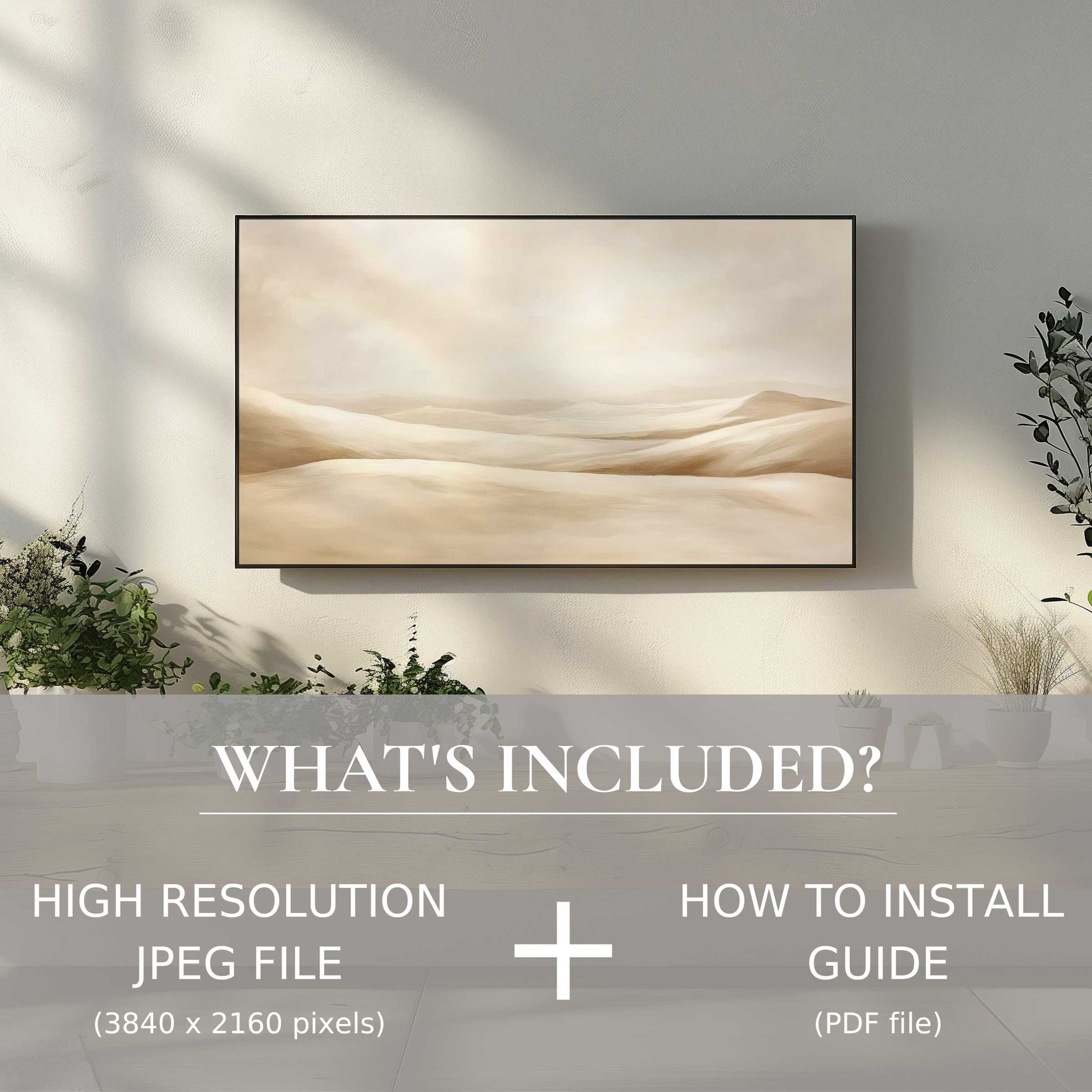 Elegant living room with neutral digital TV art download, easy use, enhancing serene modern decor effortlessly