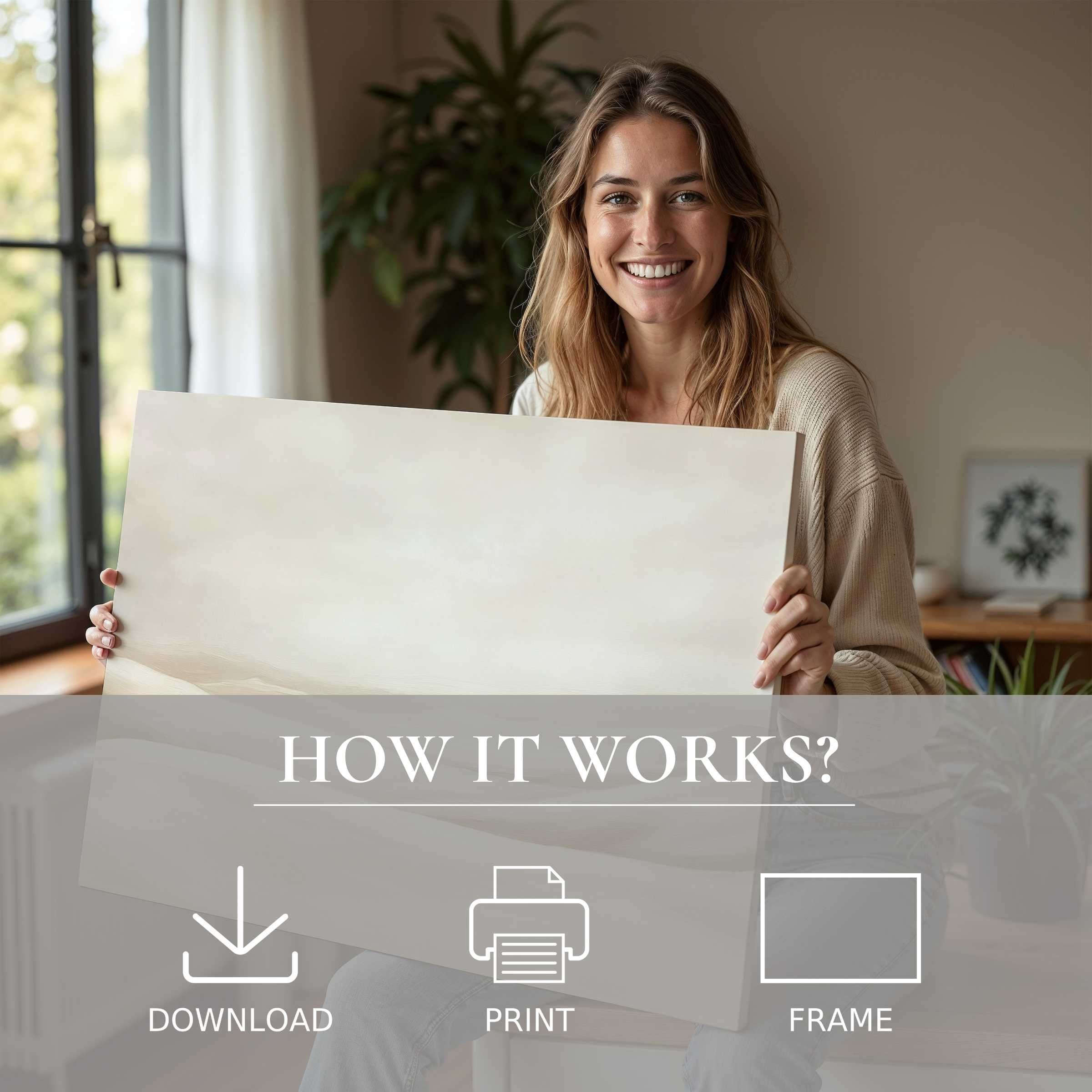 Radiant woman shares a serene moment with a neutral digital art print, embodying effortless elegance in modern home decor
