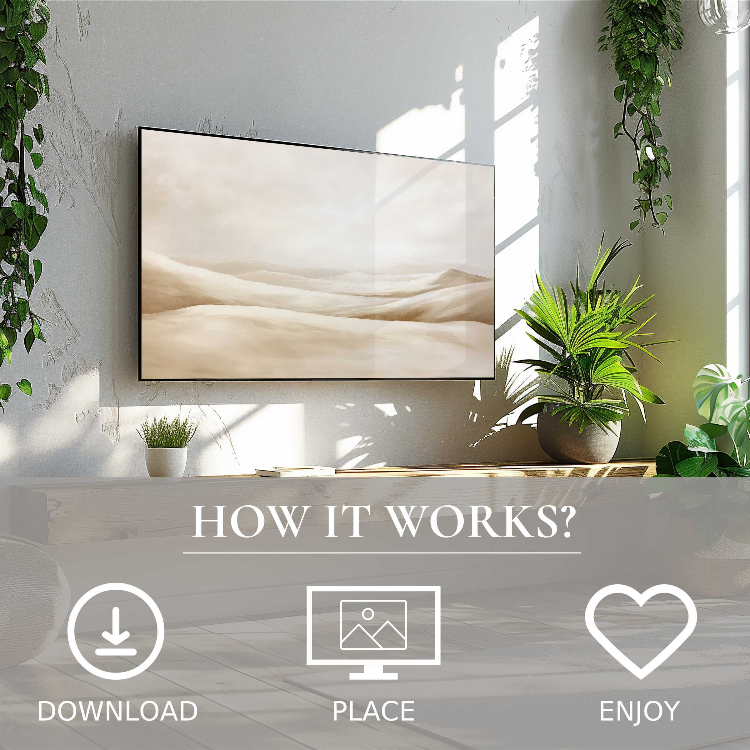 Neutral art for Samsung TV shows soft sand dune tones, easy digital download enriches bright modern living spaces