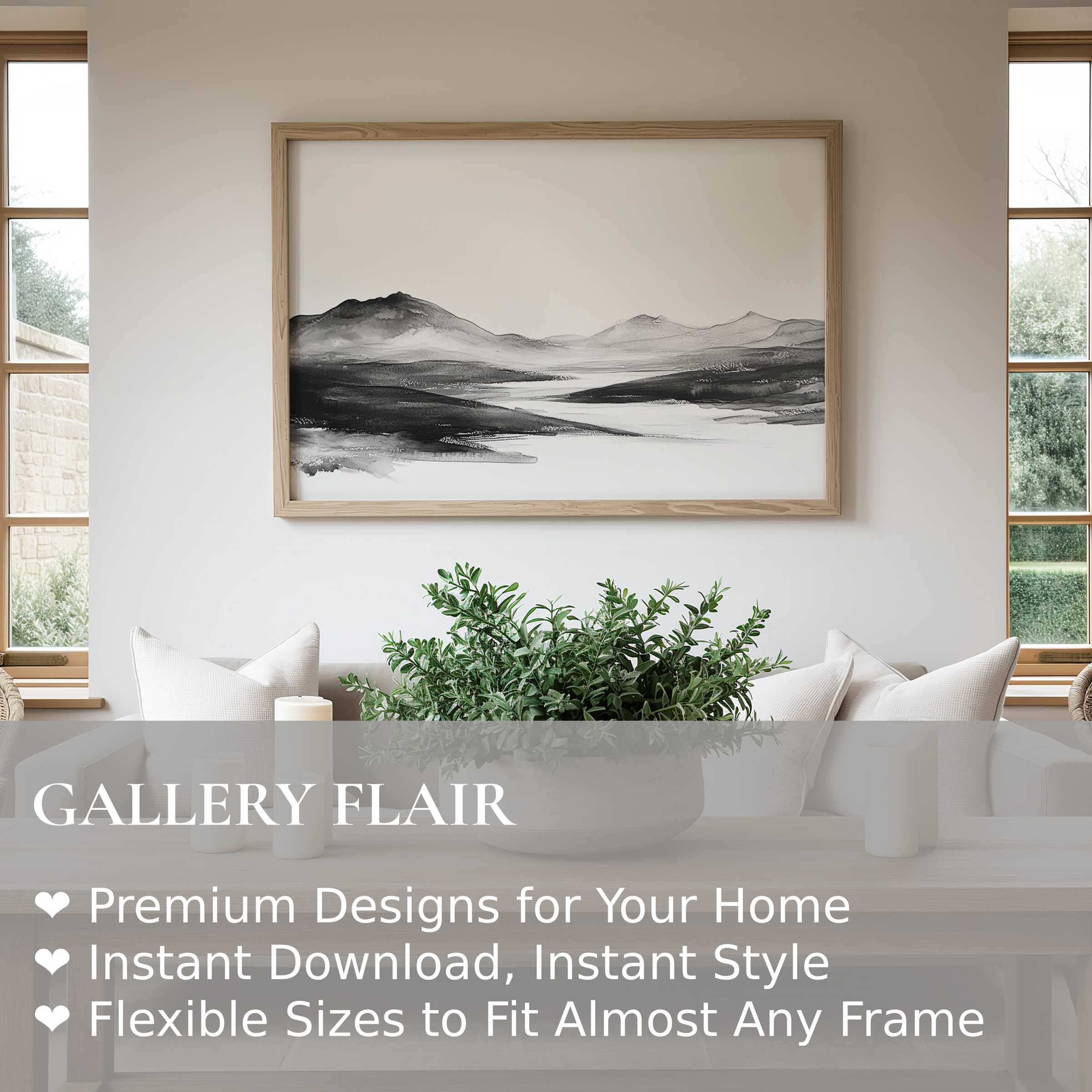 Elegant black and white wall art print capturing serene mountain landscapes, enhancing modern minimalist interiors with calming, timeless style