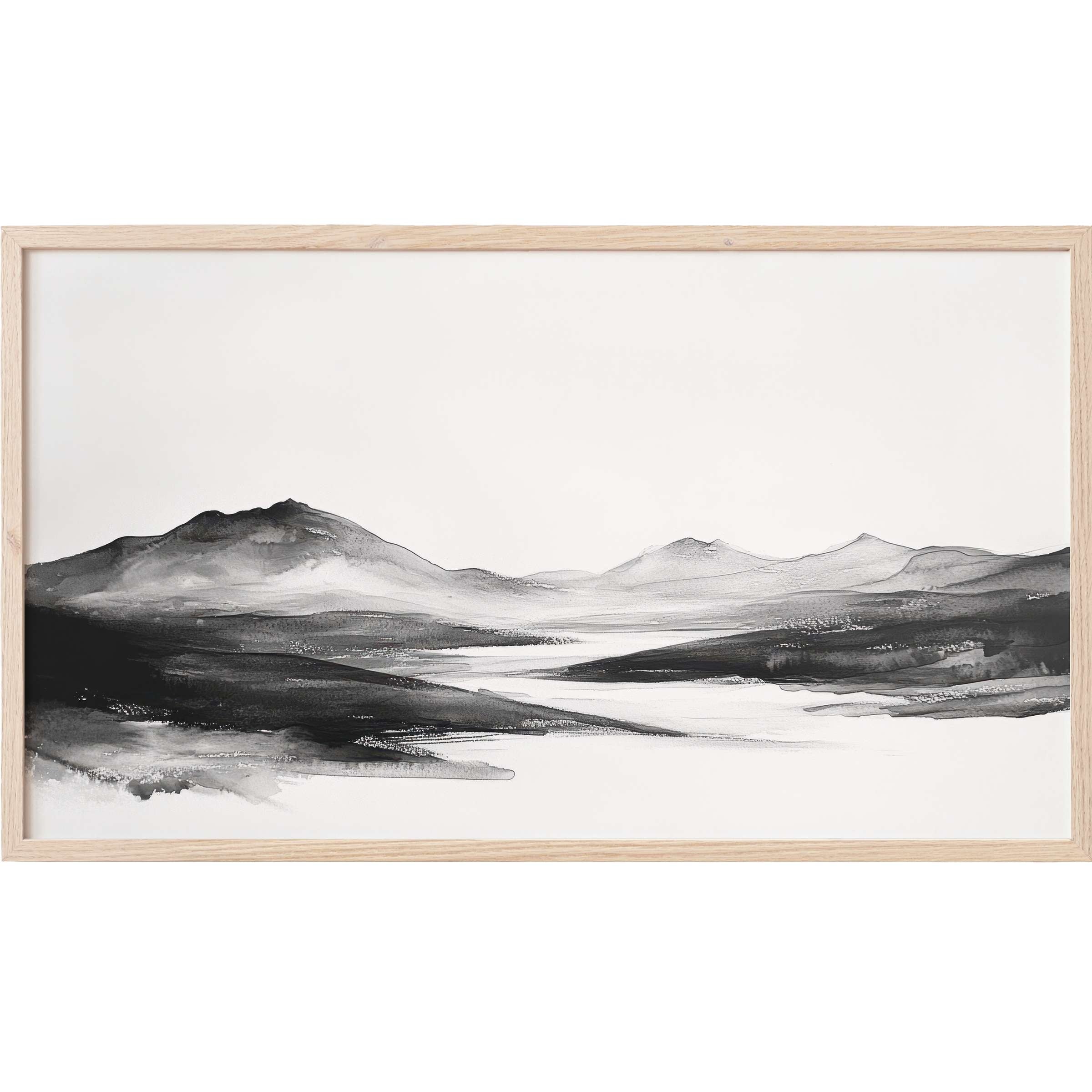 Elegant black and white Frame TV Art depicting a serene mountain landscape in minimalistic watercolor style