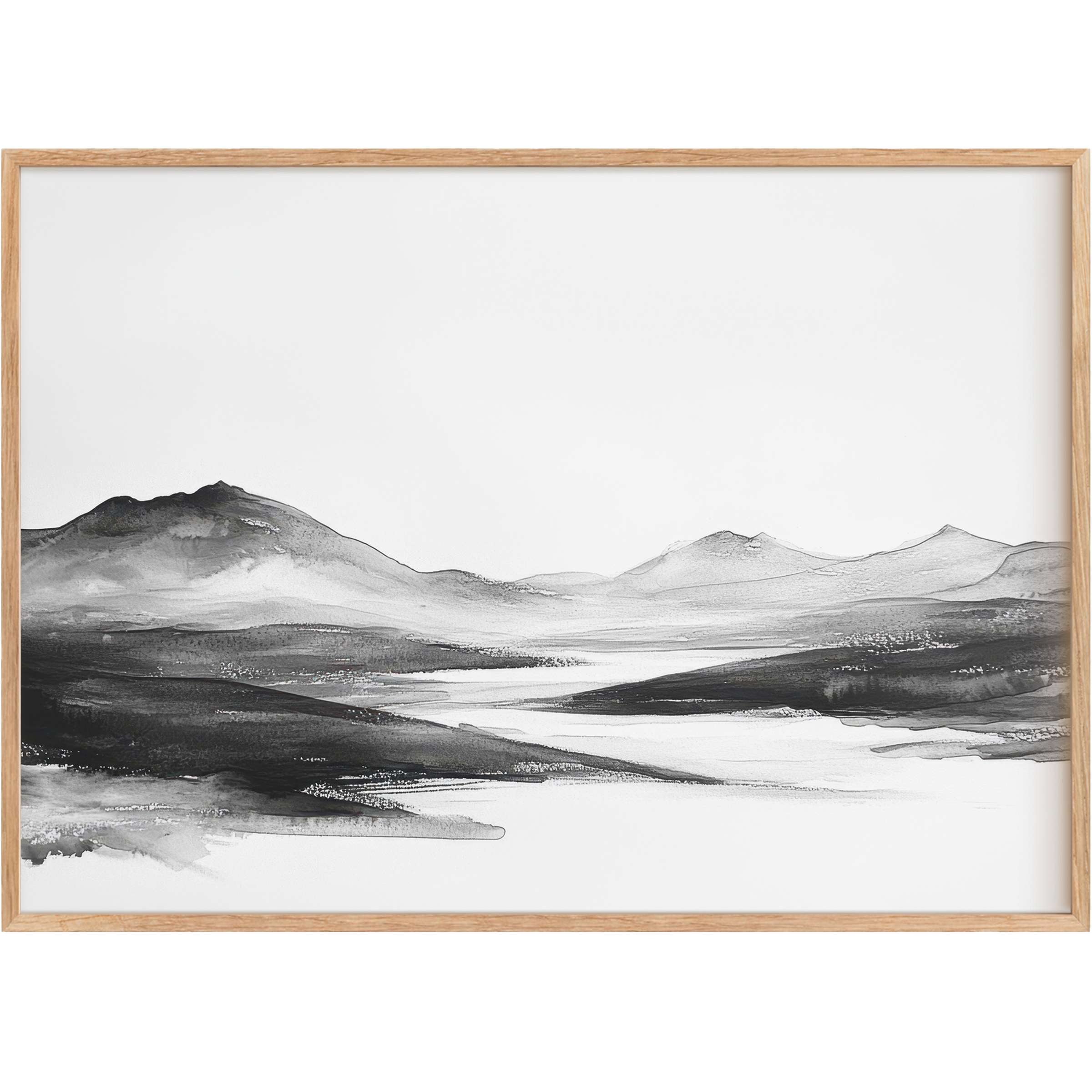 Serene black and white printable wall art captures tranquil mountain mist and flowing water, elevating any modern space with calm elegance