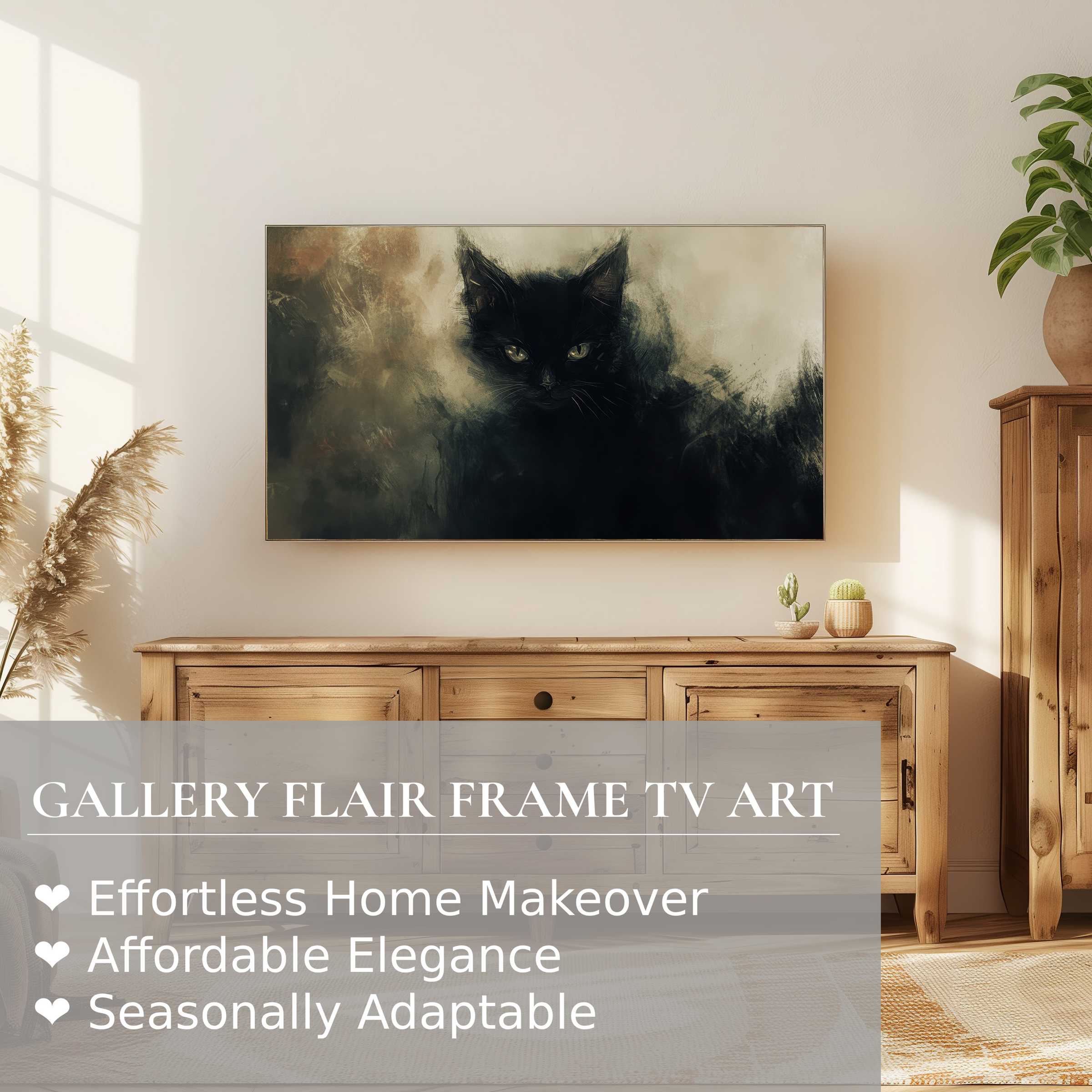 Samsung Frame TV displays hauntingly elegant halloween digital artwork of a mysterious black cat in a modern living room