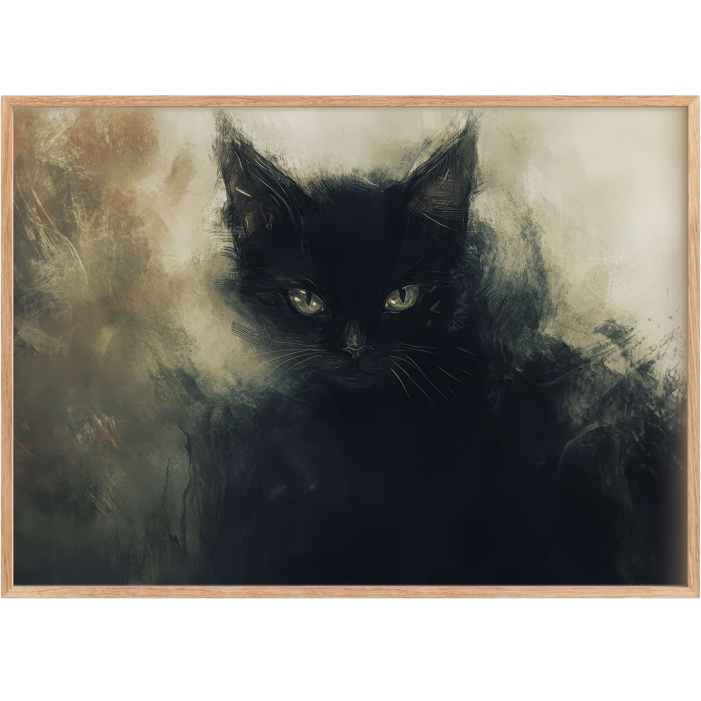 Enigmatic black cat emerges from smoky charcoal and sepia hues, creating a hauntingly elegant Halloween printable wall art for sophisticated interiors