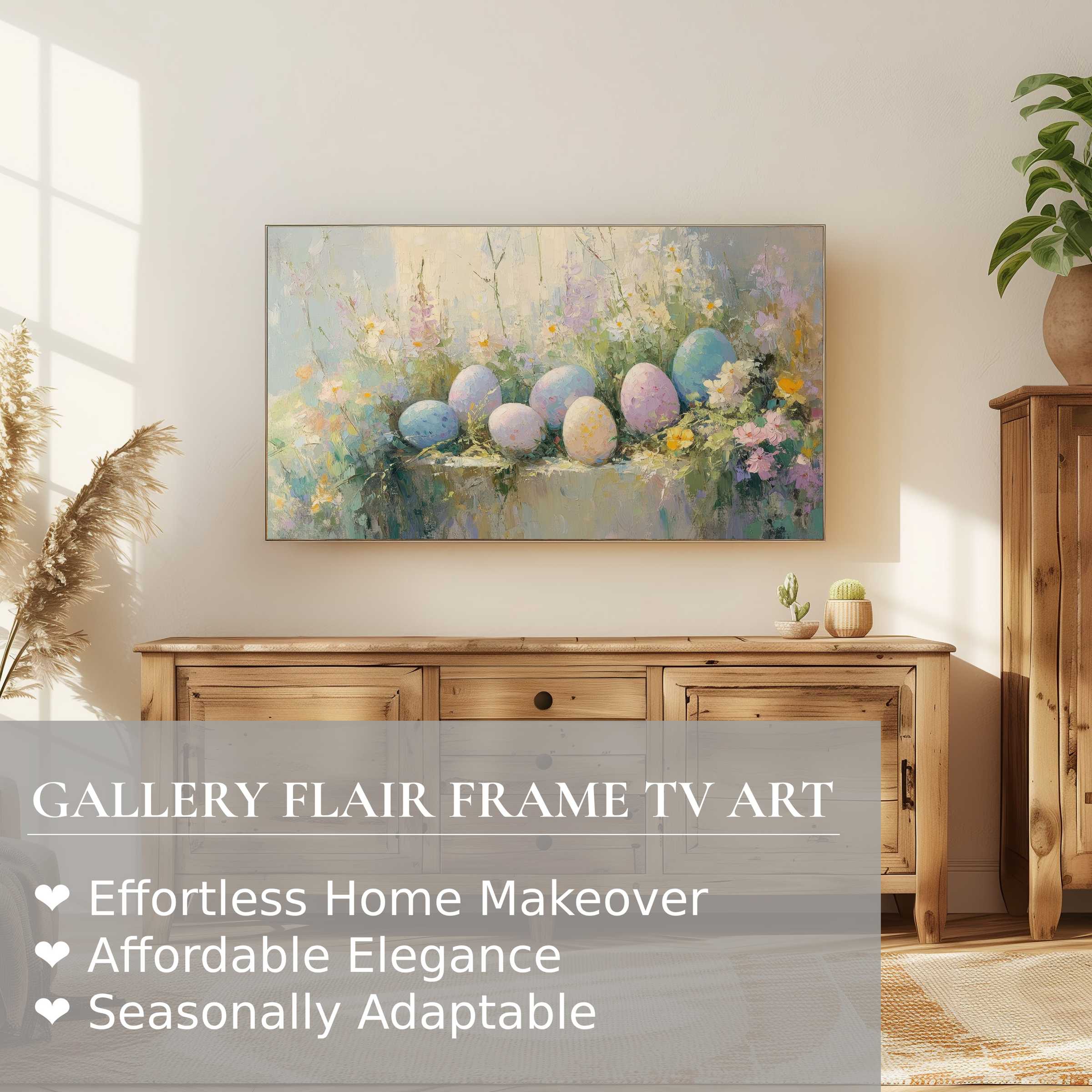 Elegant easter digital artwork of pastel eggs and florals displayed on Samsung Frame TV in a modern rustic room