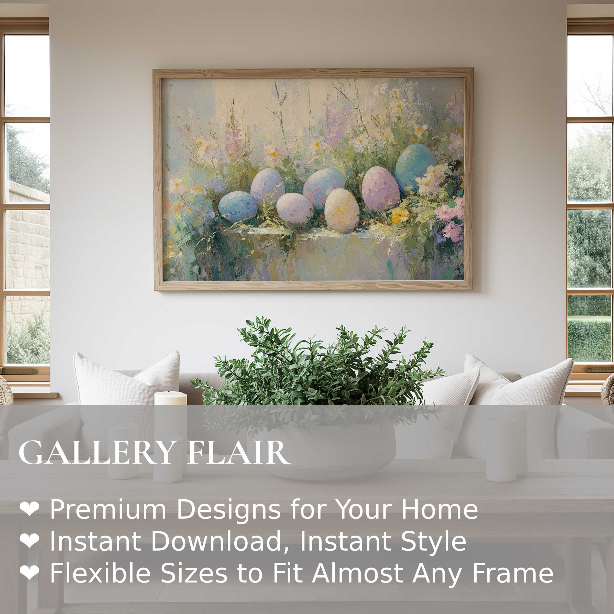 Easter wall art print featuring pastel eggs and floral brushstrokes, enhancing modern rustic interiors with soft, serene elegance