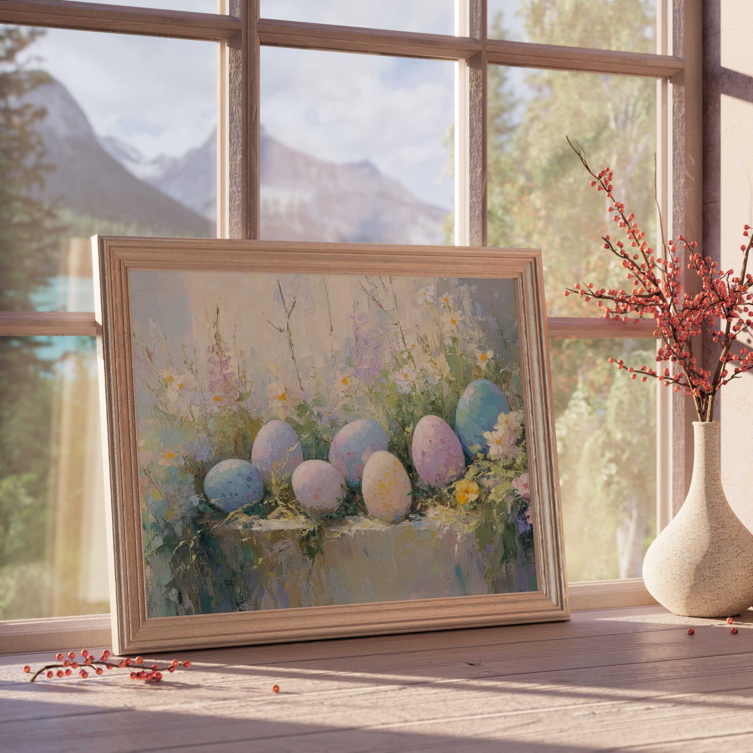 Pastel Easter downloadable art features delicate eggs nestled in soft florals, enriching tranquil, curated interiors with timeless elegance