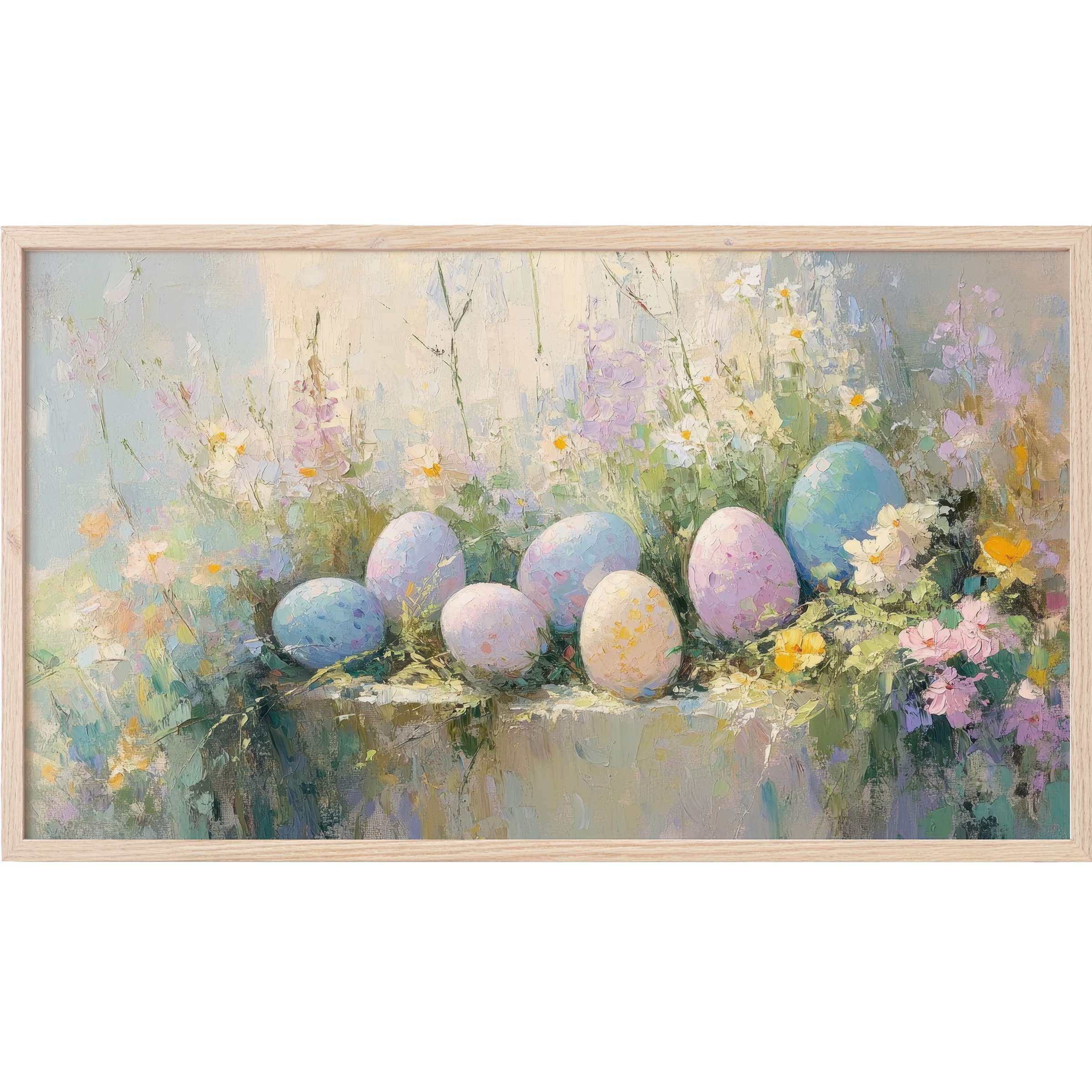 Pastel Easter eggs nest amid soft wildflowers in textured impressionist style, a serene easter Frame TV Art