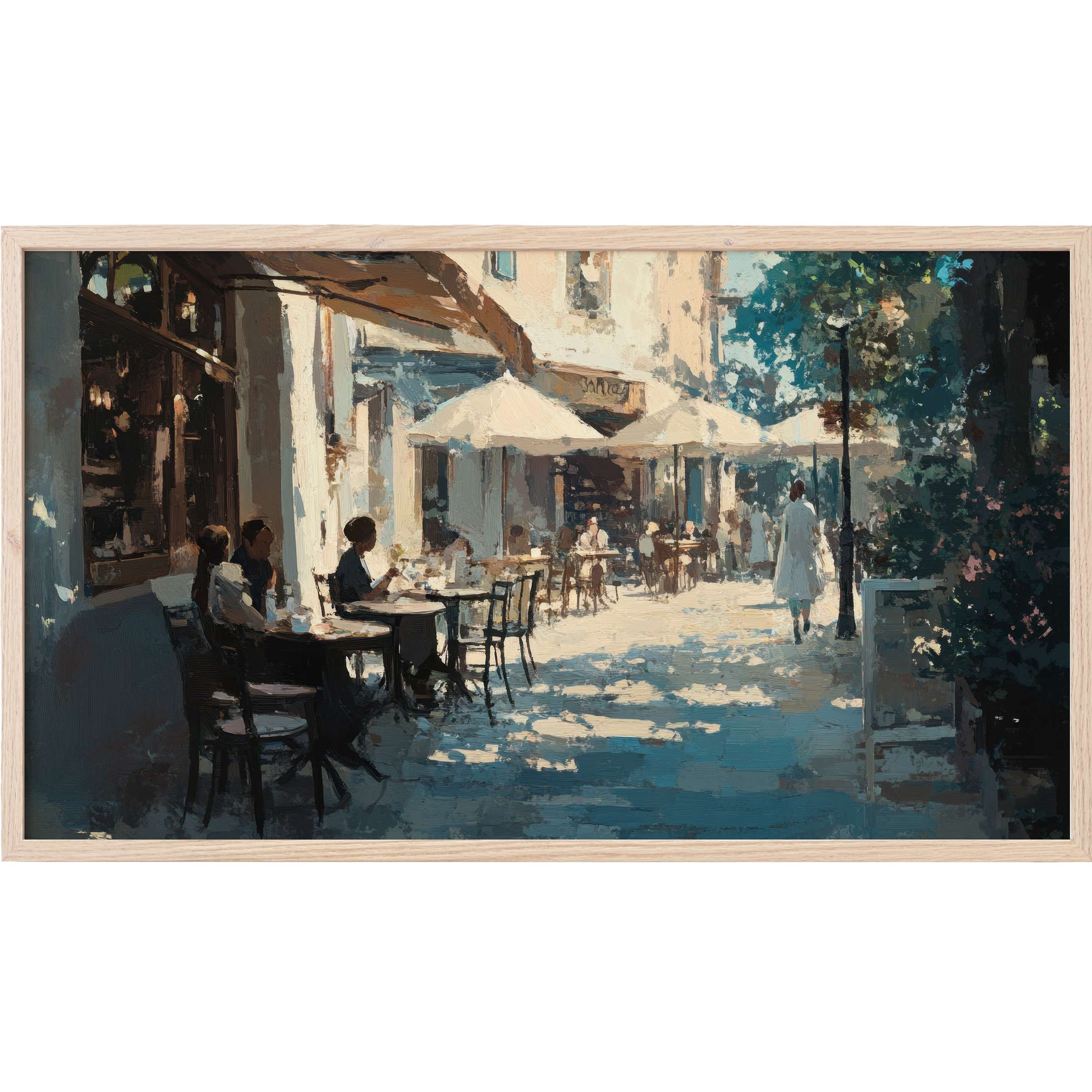 Urban Frame TV Art depicting a sunlit café scene with soft blues, warm creams, and elegant shadows