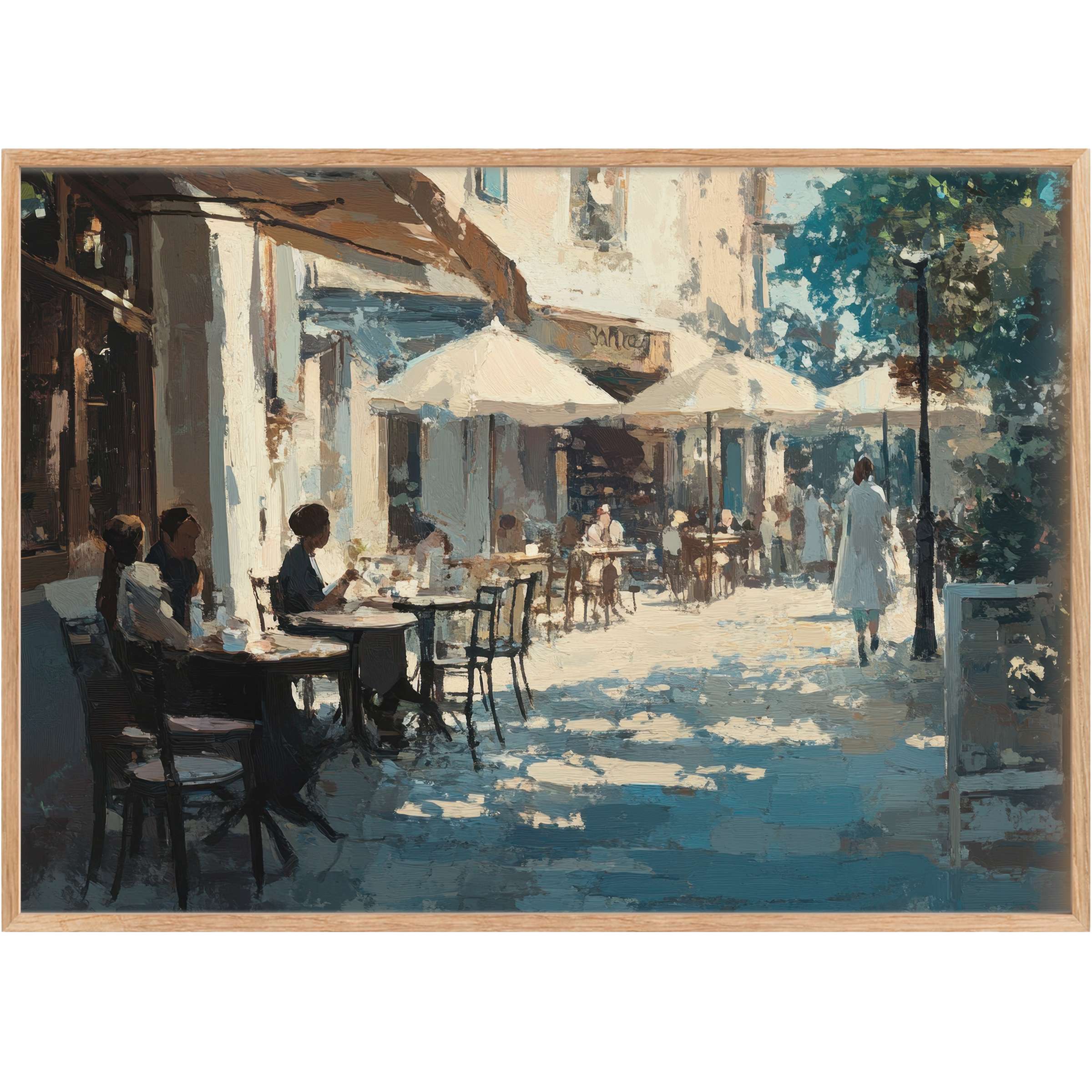 Sunlit urban printable wall art capturing a serene café scene in soft creams and cool blues, evoking tranquil elegance