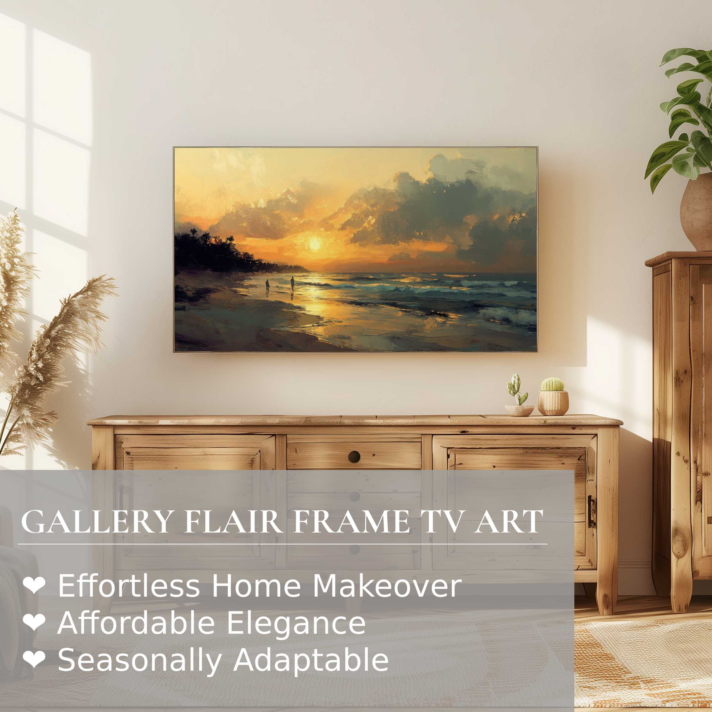 Samsung Frame TV displays serene summer digital artwork of a sunset beach, enhancing refined home decor spaces