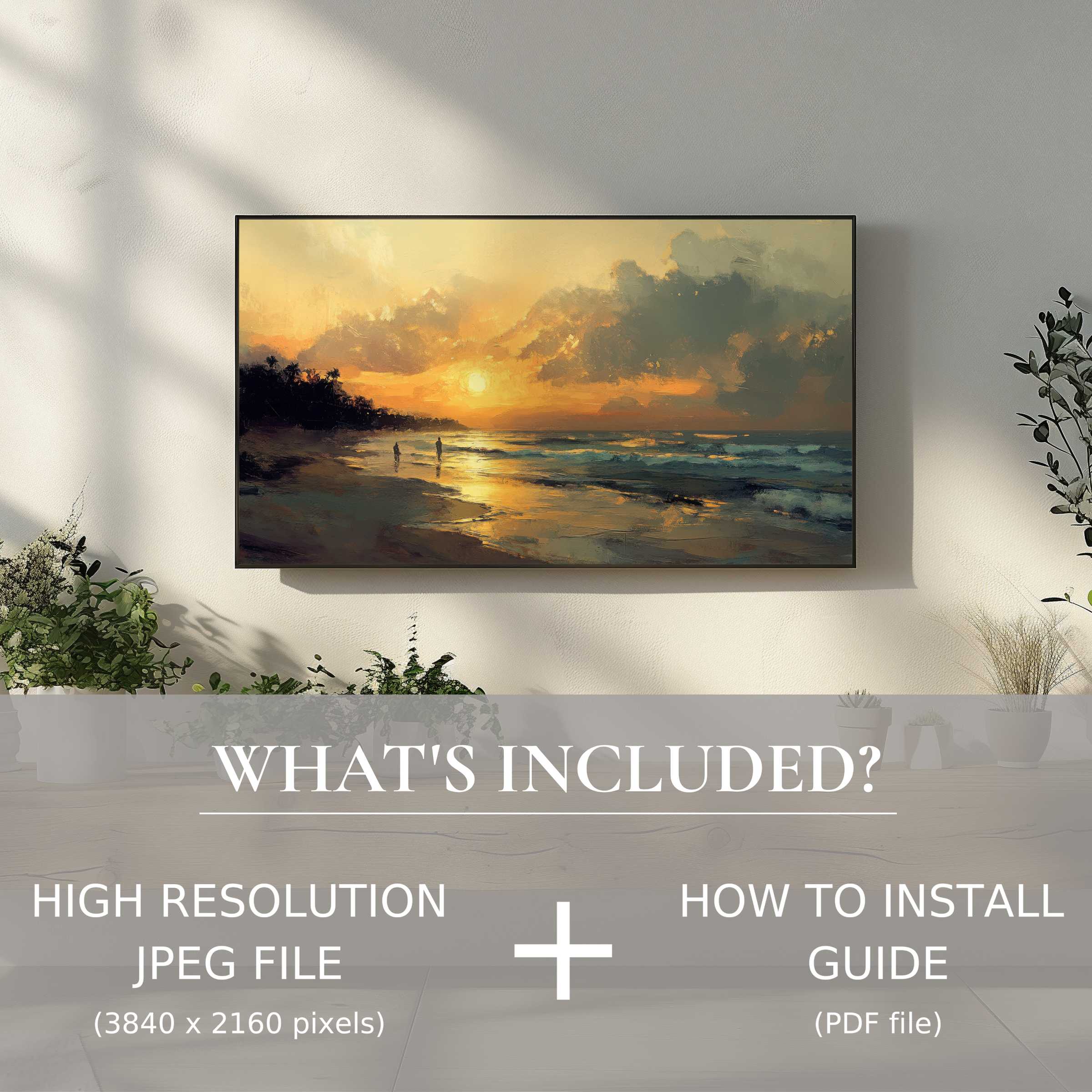 Elegant summer digital TV art download enriches your living space with easy digital use and warm sunset beach scenery