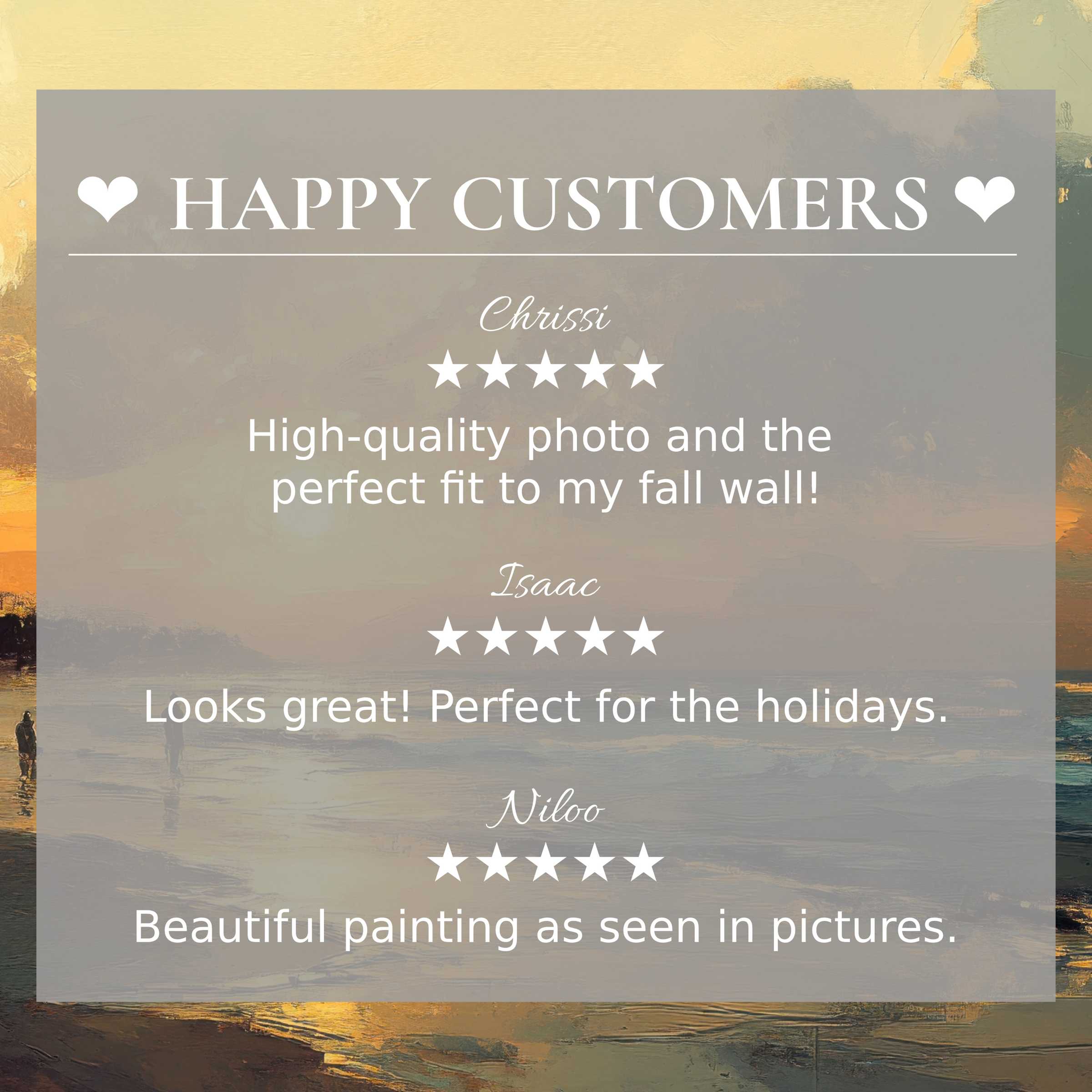 Elegant layout with abstract sunset colors, showcasing positive reviews and summer art for Frame TV from happy customer
