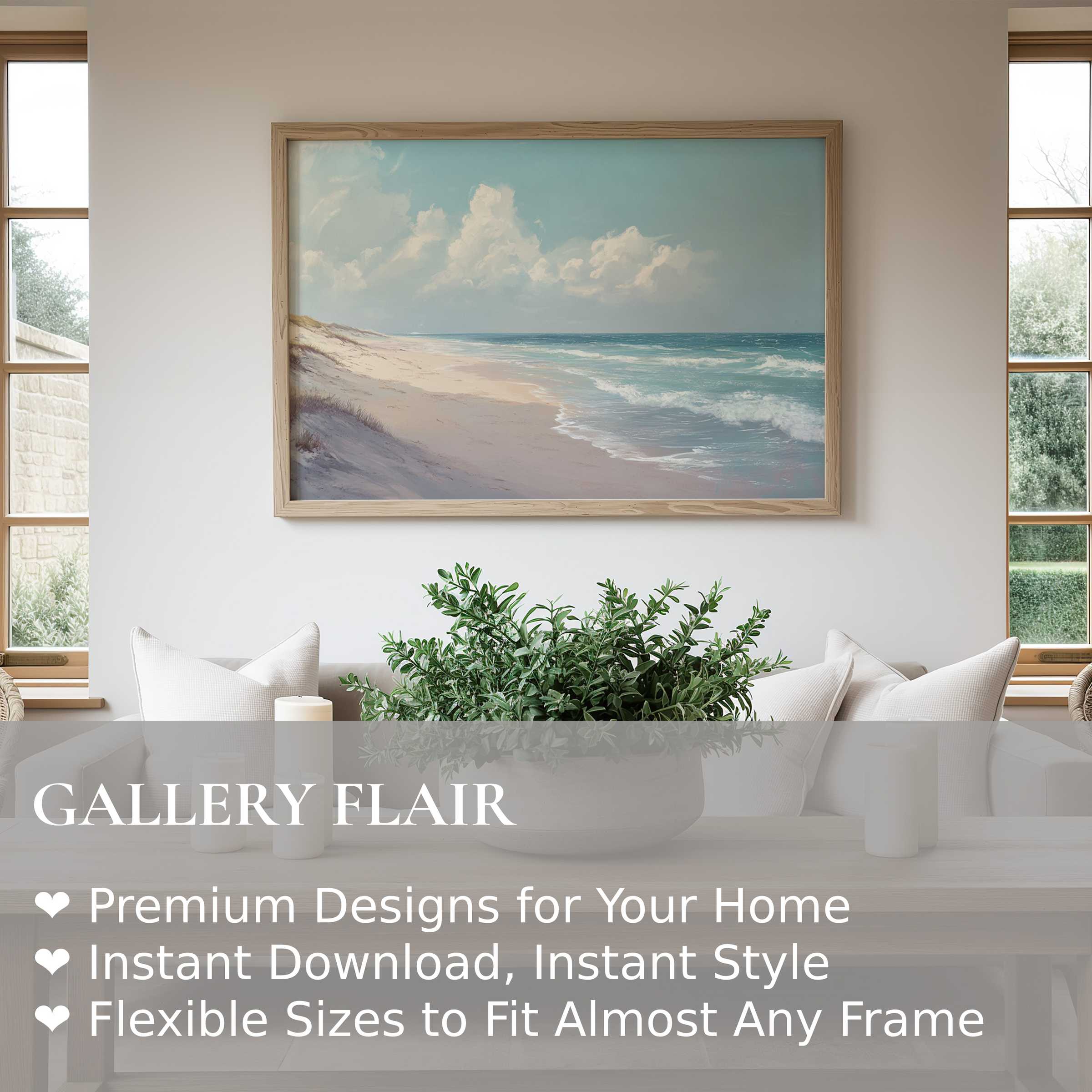 Calming landscape wall art print of serene beach waves and soft clouds, enriching a modern minimalist living space