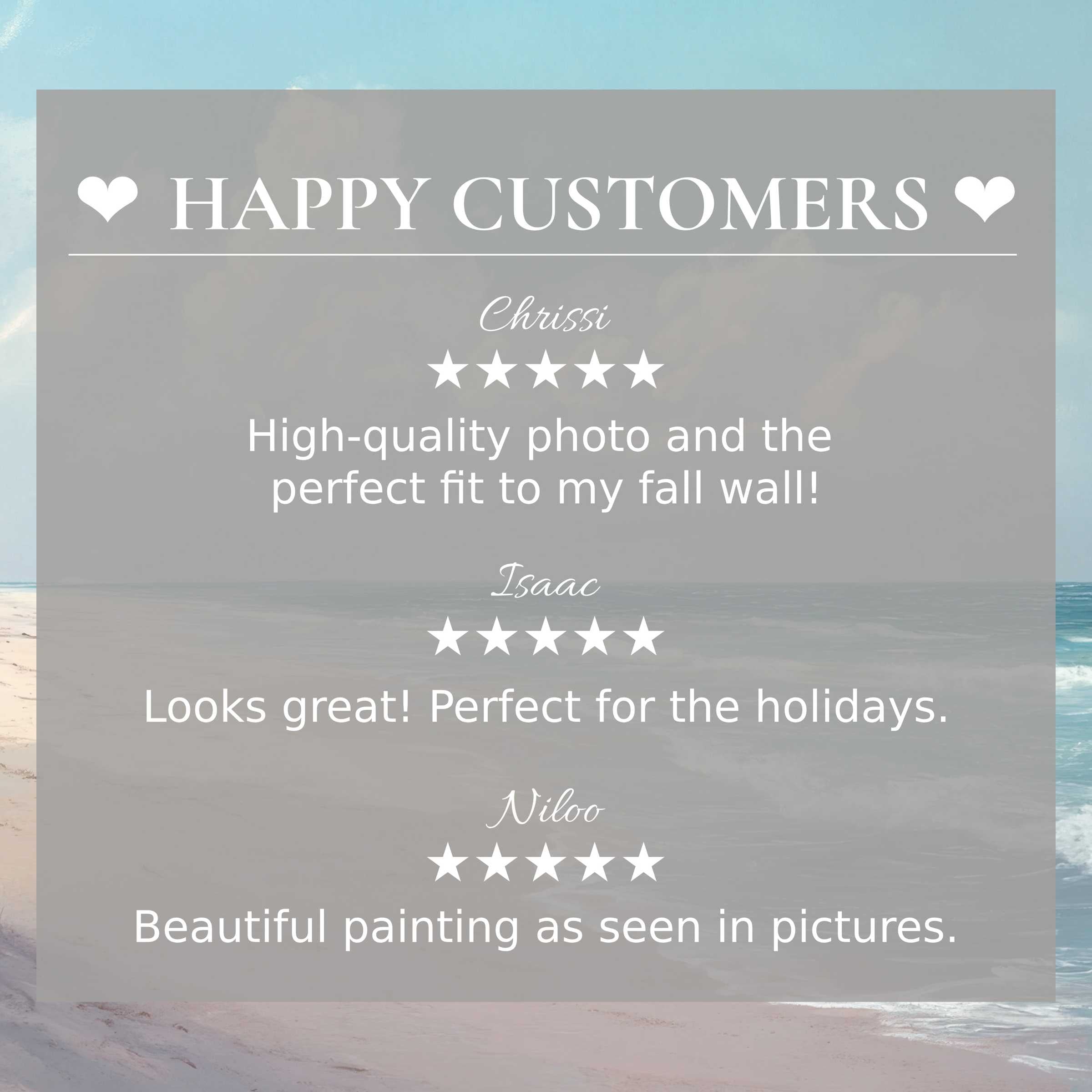 Landscape art for Frame TV with abstract ocean hues; layout builds trust via happy customer reviews and elegant style