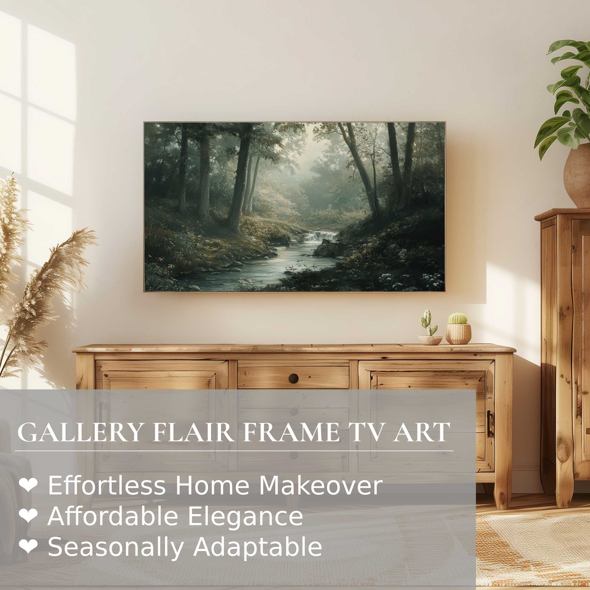 Samsung Frame TV displaying vintage digital artwork of a serene forest stream, enhancing refined modern decor