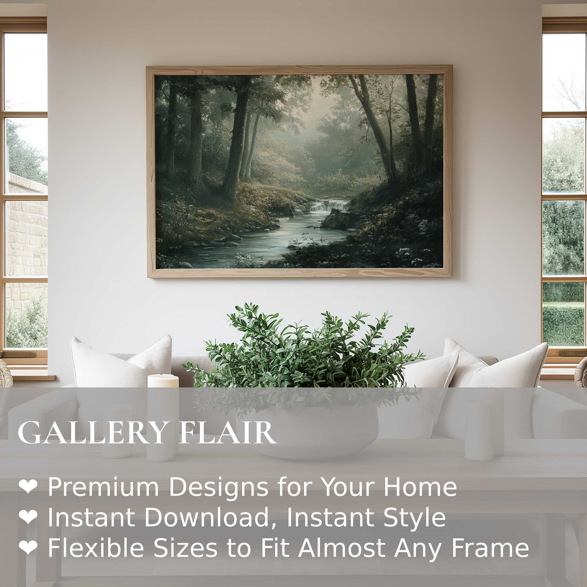 Vintage wall art print of a serene forest stream in soft, muted tones adds timeless elegance and calming charm to a modern rustic living space