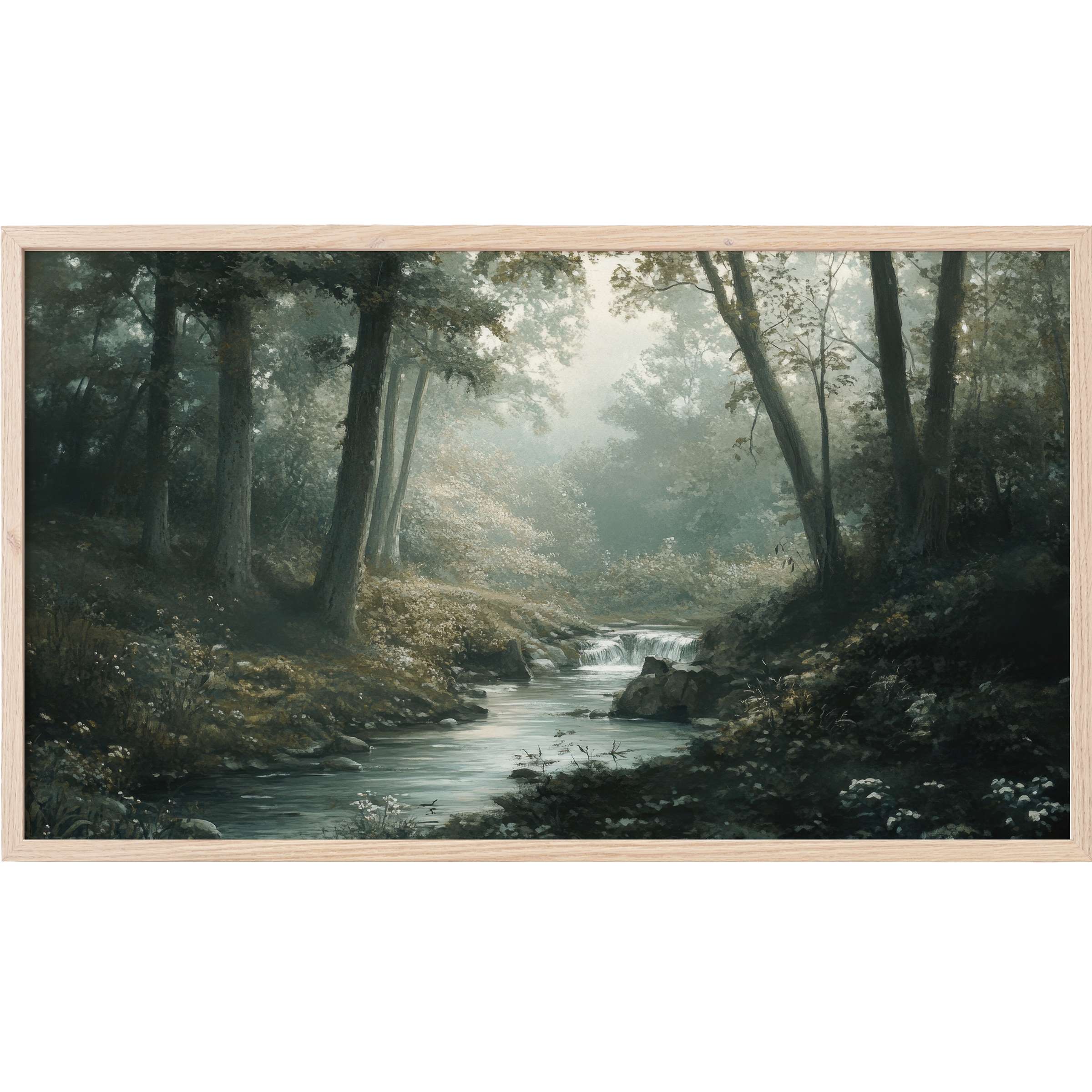 Vintage Frame TV Art showing a misty forest creek in muted greens and grays with soft, realistic brushwork