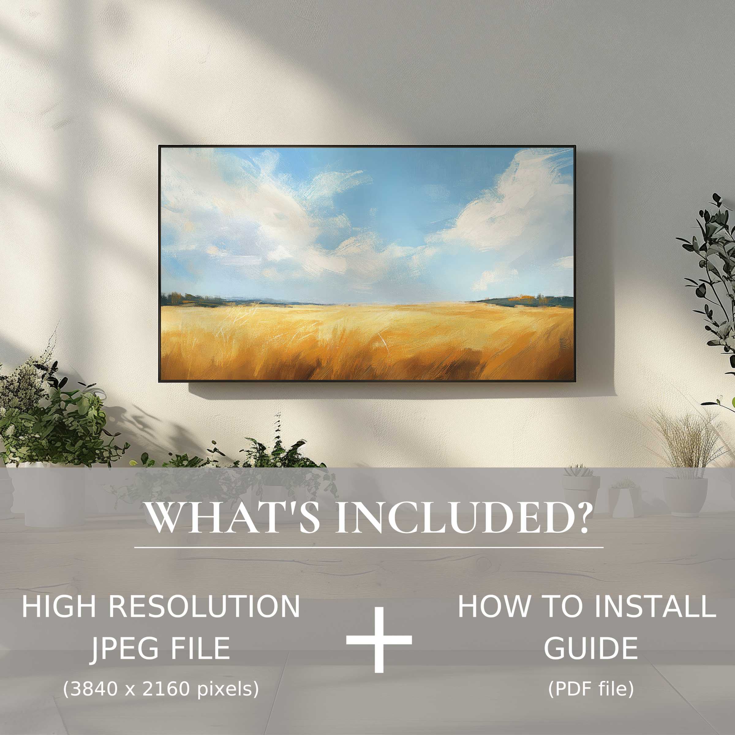 Elegant farmhouse digital TV art download, easy to use, enhances modern living with serene, sunlit landscape