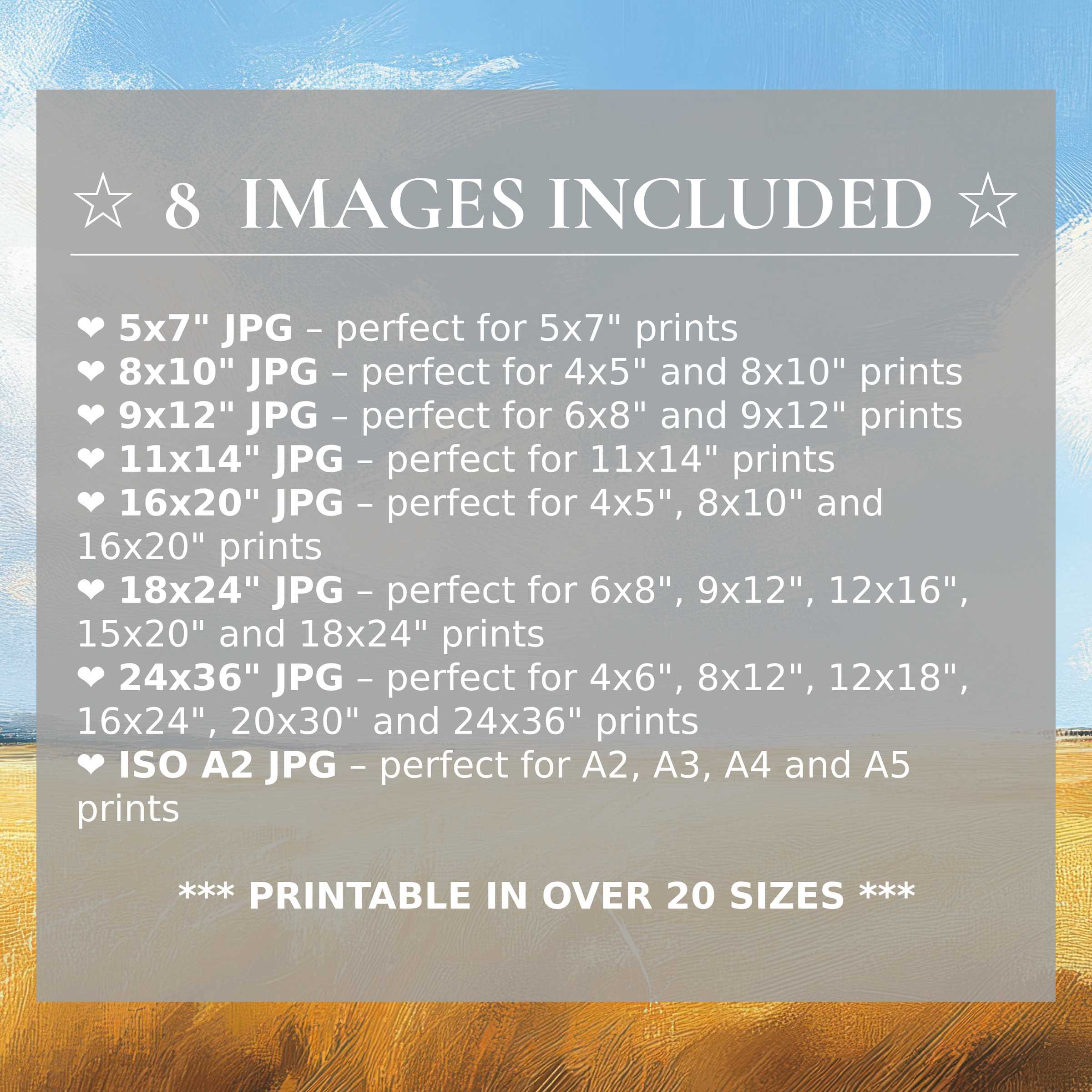 Farmhouse digital print with radiant blues and warm ochres, elevating modern interiors with calming beauty in 8 high-quality sizes included