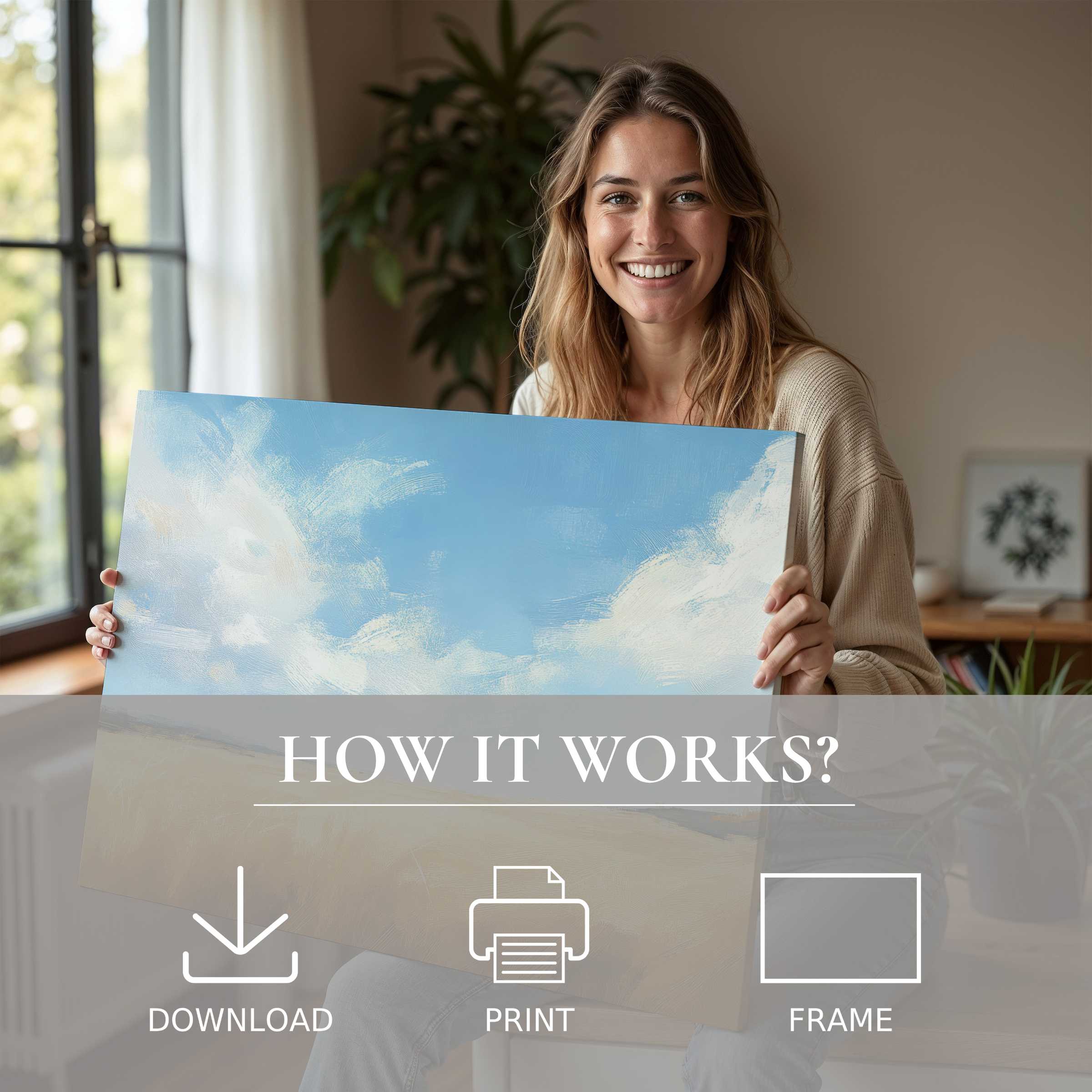 Radiant farmhouse digital art print brings serene joy and effortless elegance to a stylish modern living space
