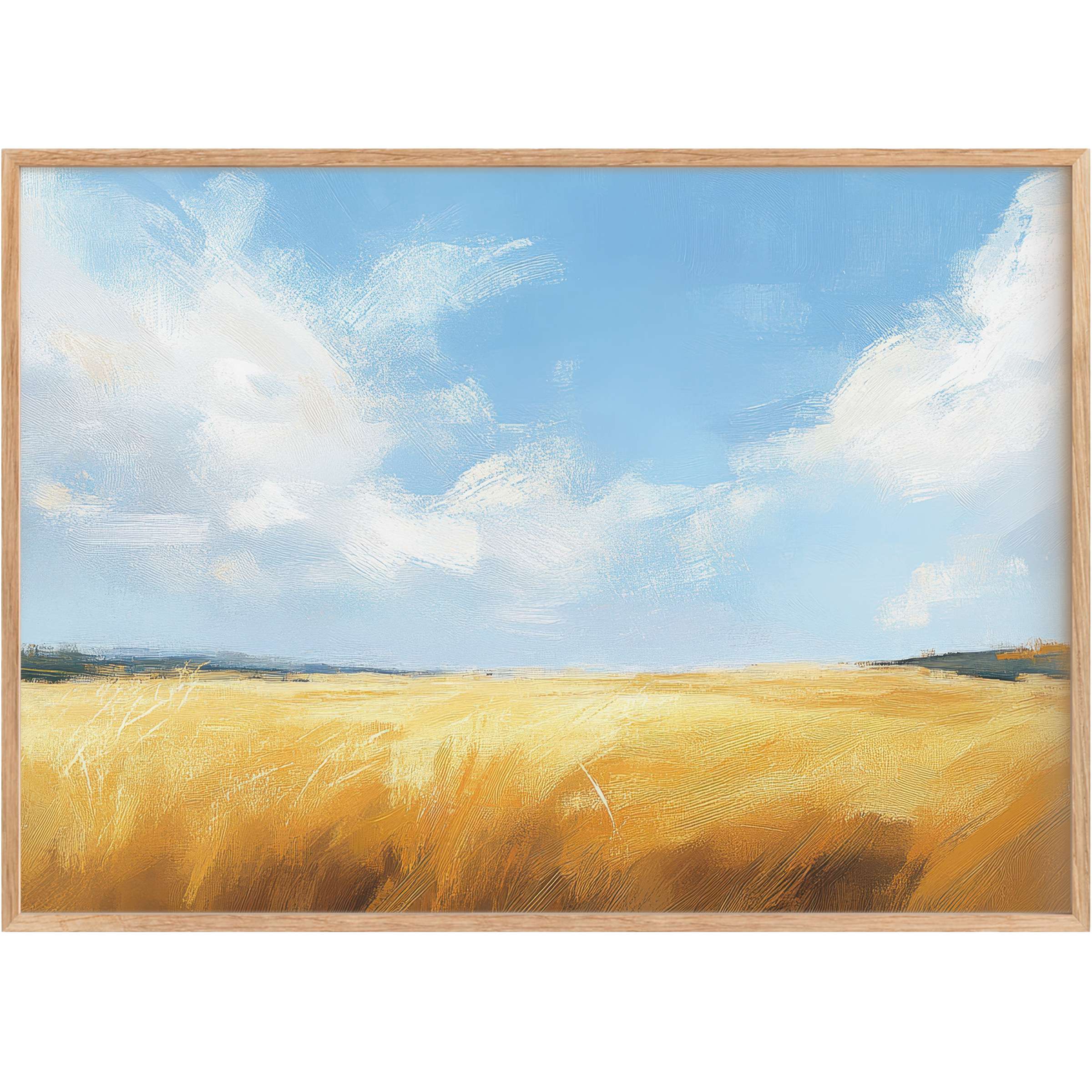 Golden fields under a serene blue sky evoke warmth and tranquility in this farmhouse printable wall art
