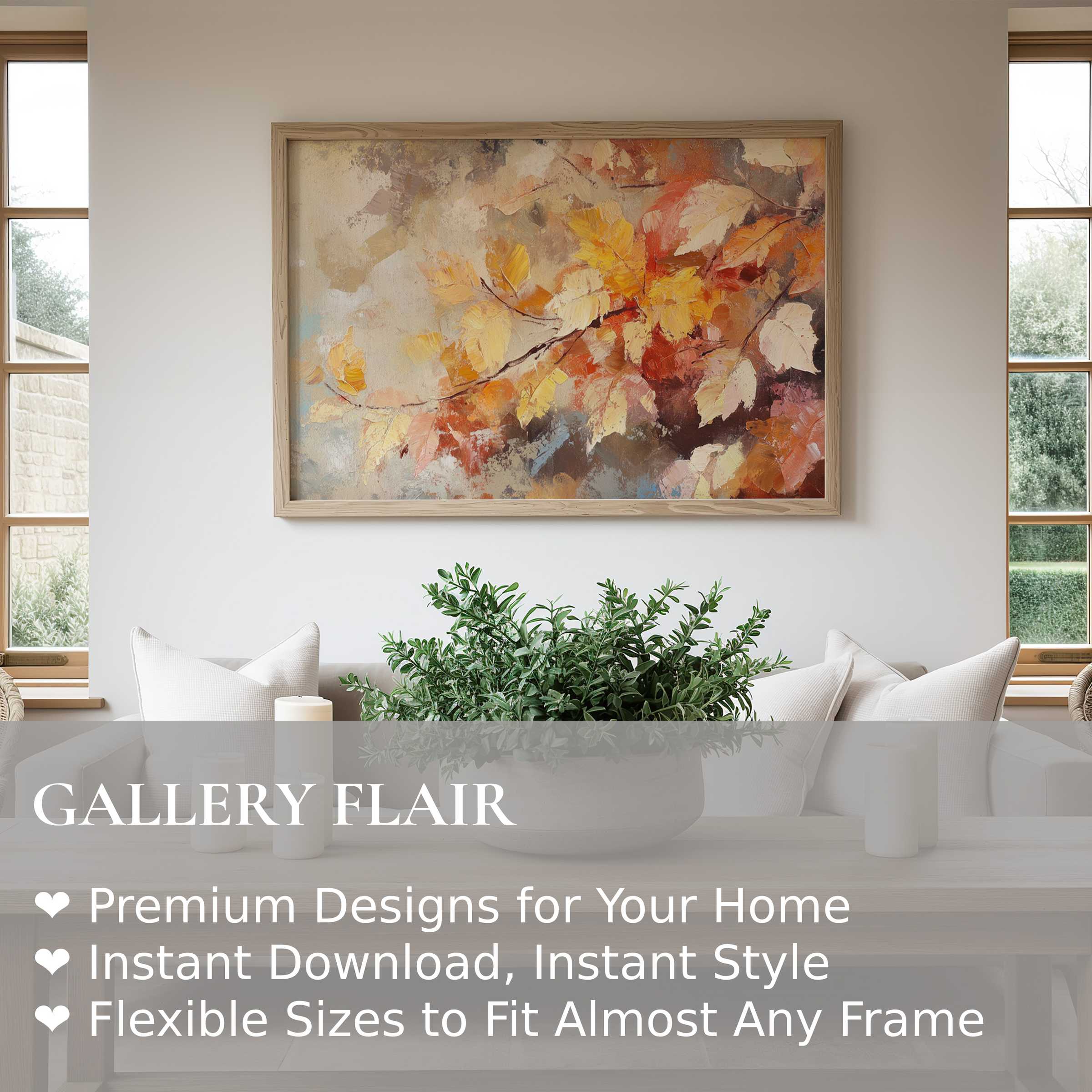 Botanical wall art print featuring warm autumn leaves in earthy tones, radiating a soft, calming vibe in a modern, serene living room