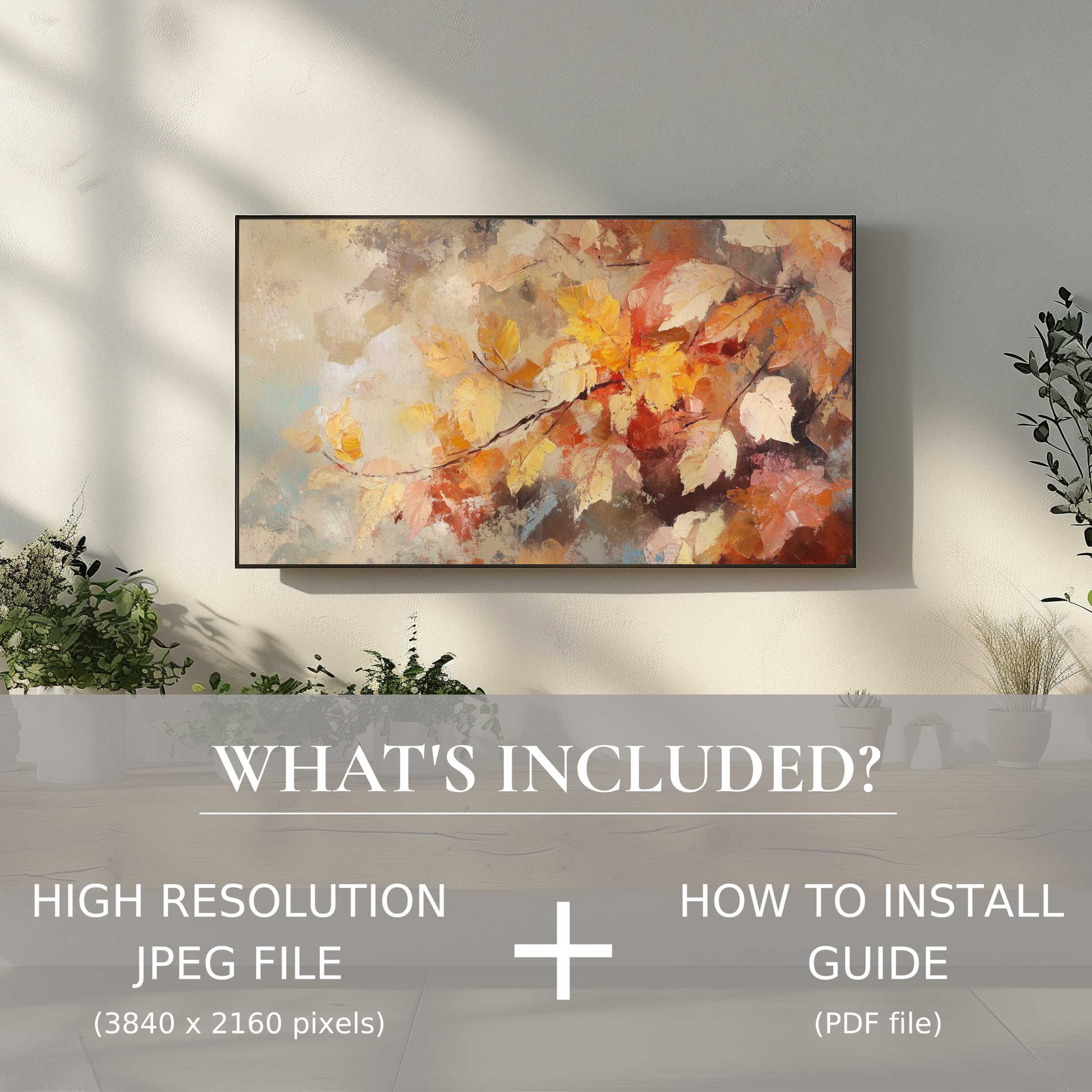 Elegant botanical digital TV art download with easy digital use, enhancing modern living spaces with warm autumn tones