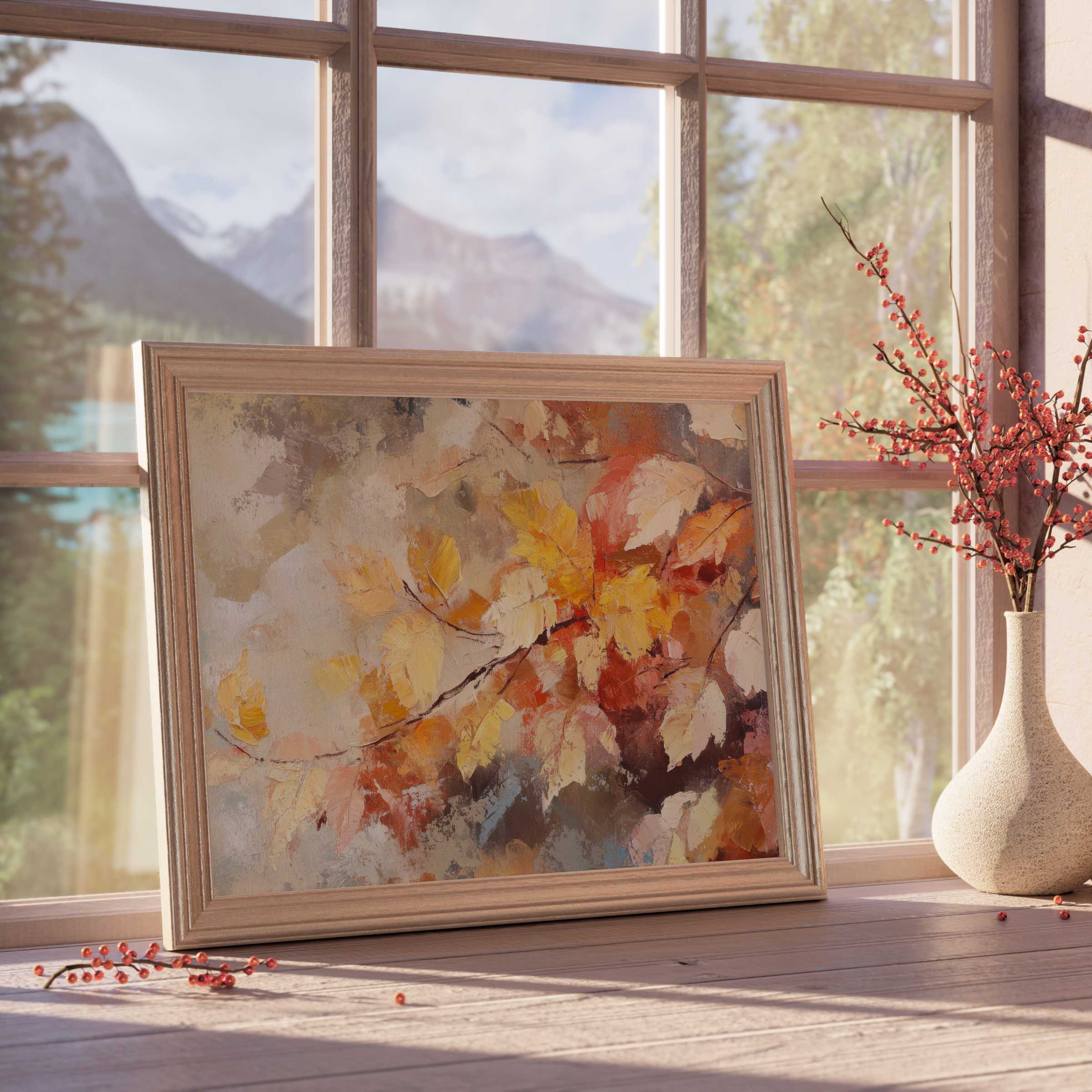 Botanical downloadable art capturing warm autumnal leaves in rich ochres and ambers, elevating serene, design-forward interiors