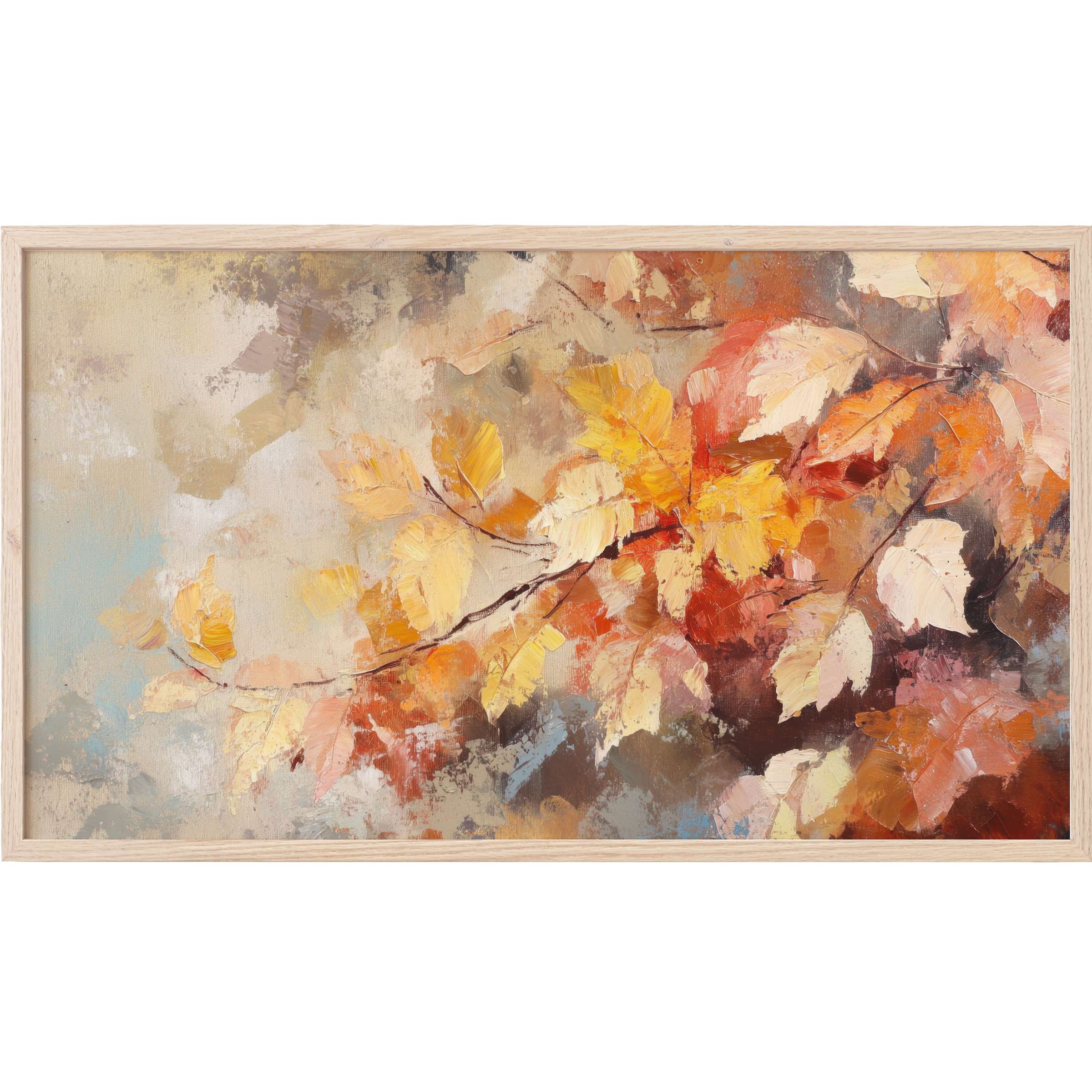 Warm autumn leaves in rich ochres and rust tones, textured with soft brushstrokes, botanical Frame TV Art
