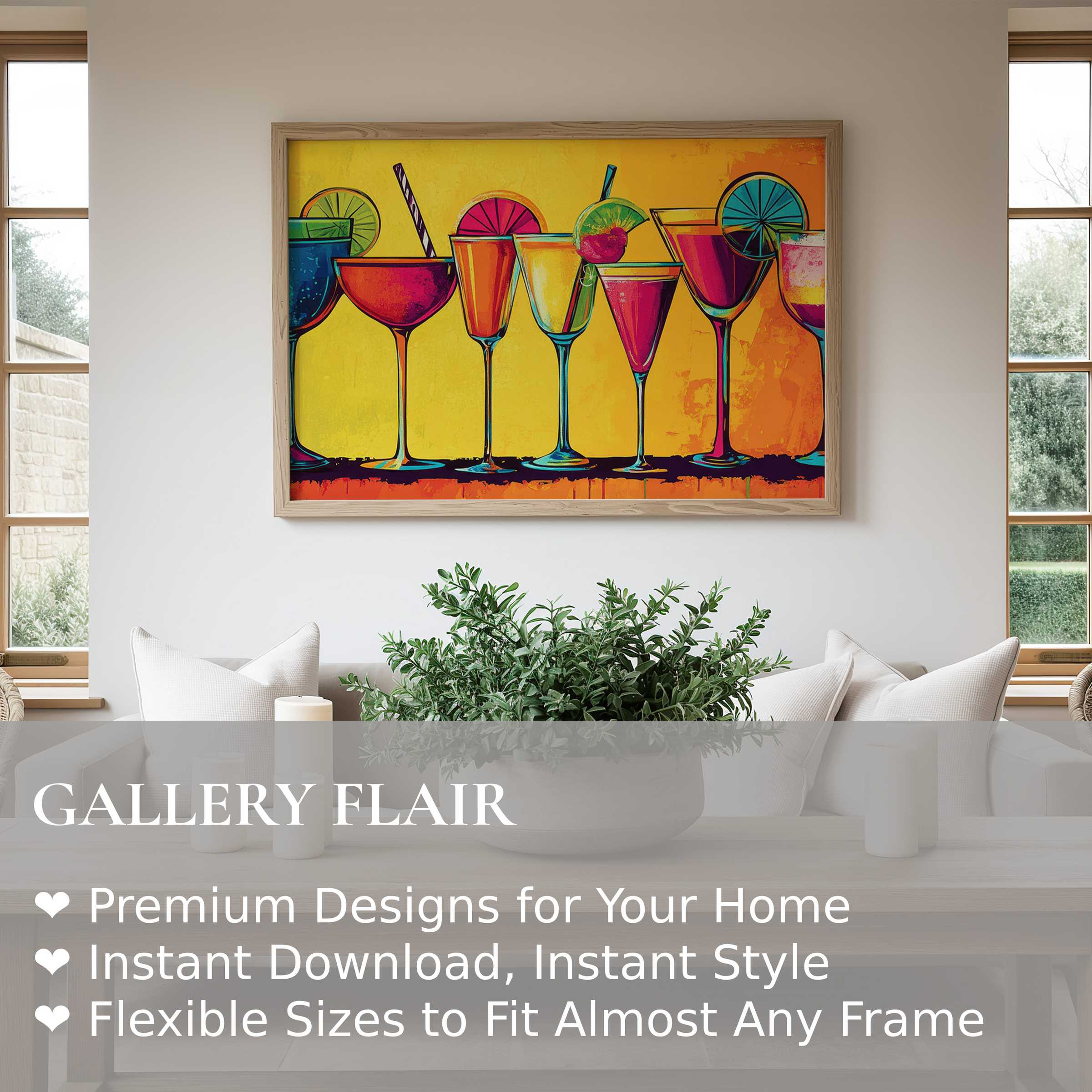 Vibrant pop art wall art print featuring colorful cocktail glasses, enlivening modern minimalist interiors with bold, radiant energy and playful charm