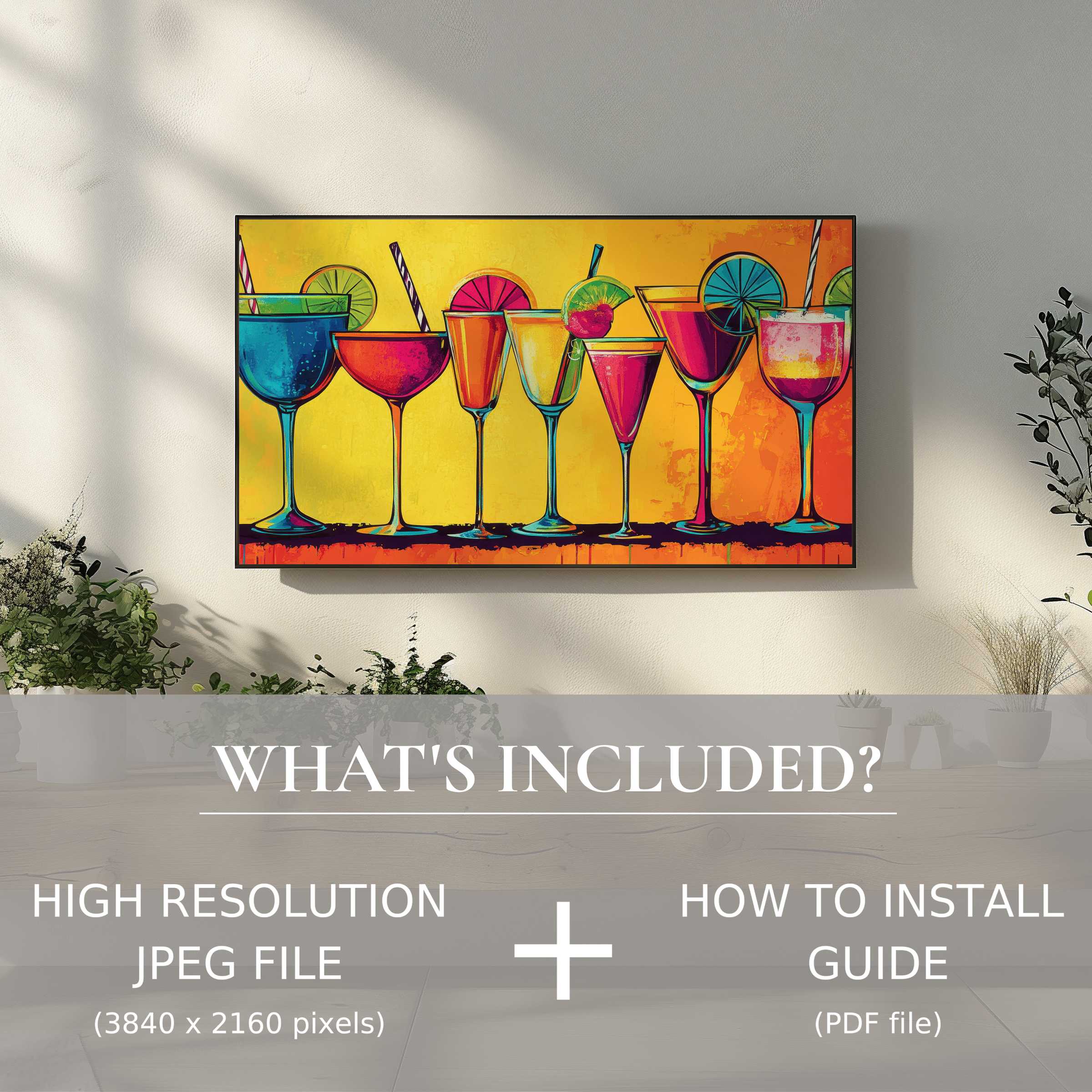 Vibrant pop art digital TV art download, easy to use, elevates sophisticated living spaces with bold, modern elegance