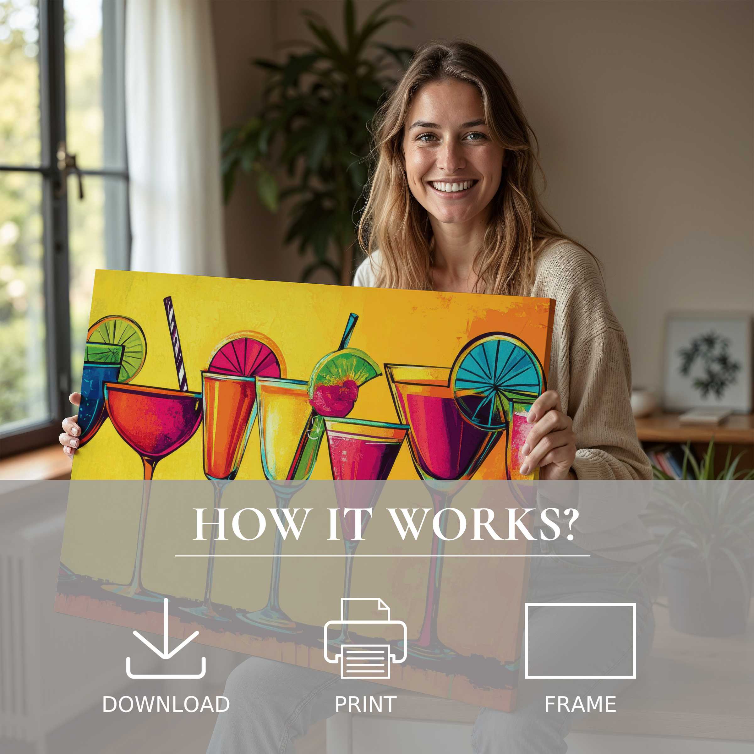 A radiant moment of connection and joy as a woman embraces bold, colorful pop art digital art print, elevating her modern home with effortless style and warmth