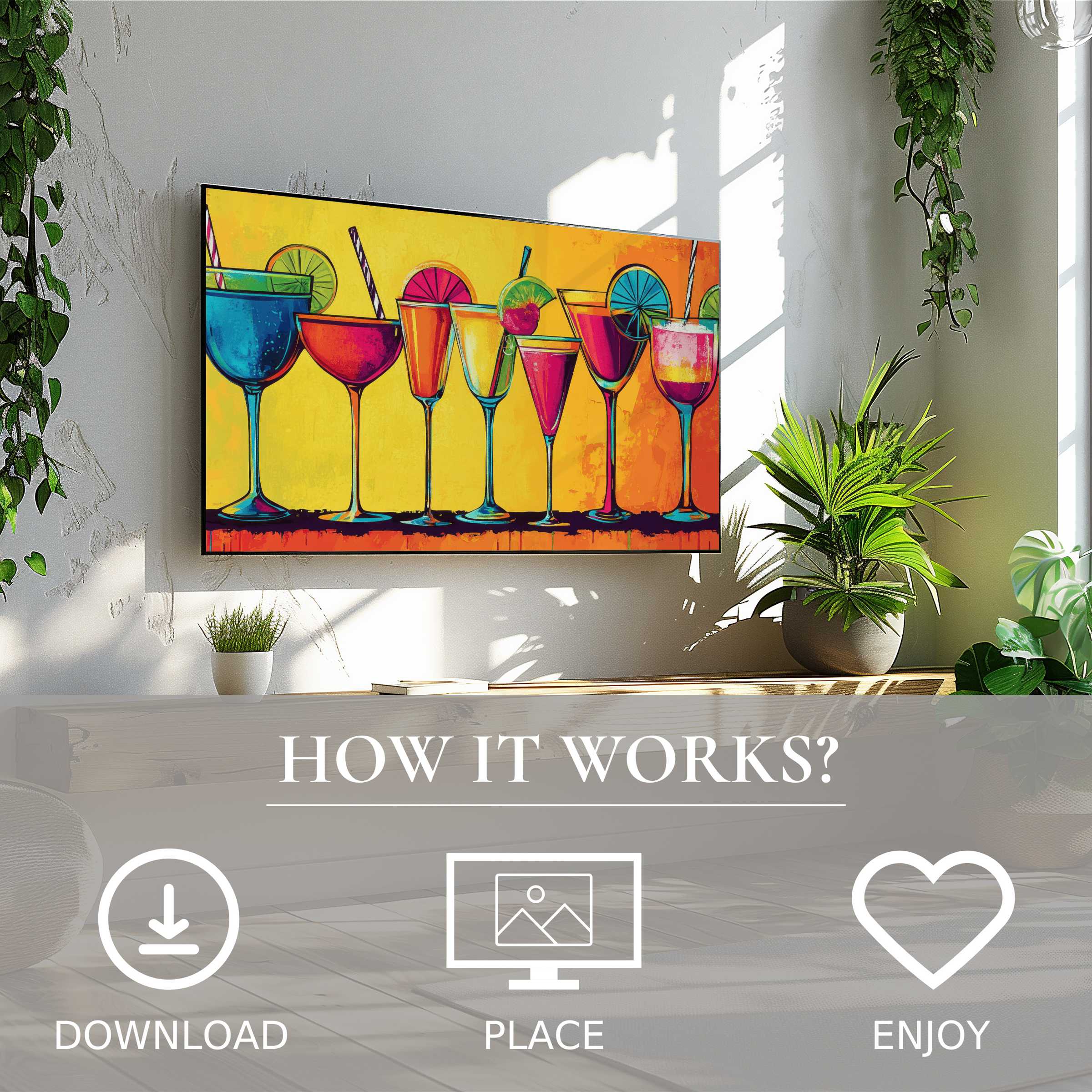 Pop art art for Samsung TV shows colorful cocktail motif, easy digital download, enriching bright modern living spaces