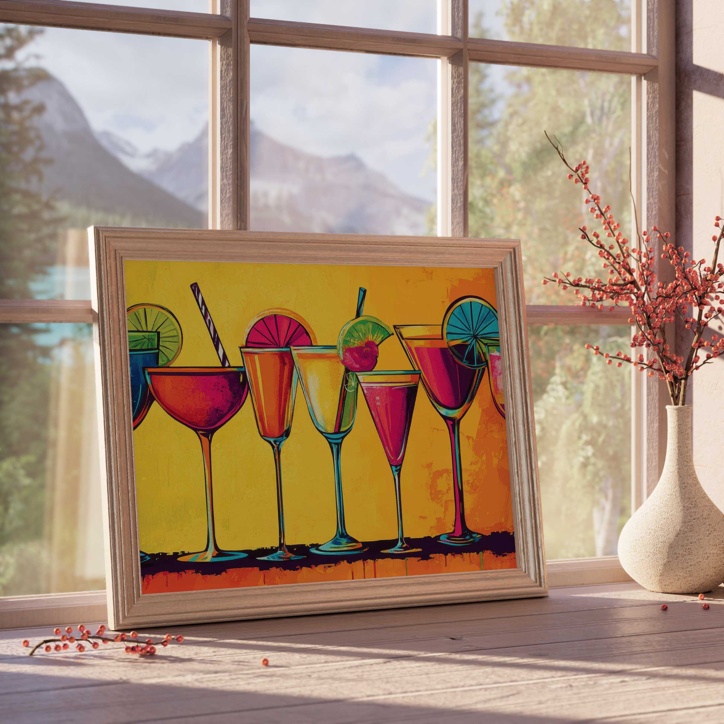 Vibrant pop art downloadable art of colorful cocktails, infusing curated interiors with playful elegance and warm, lively charm
