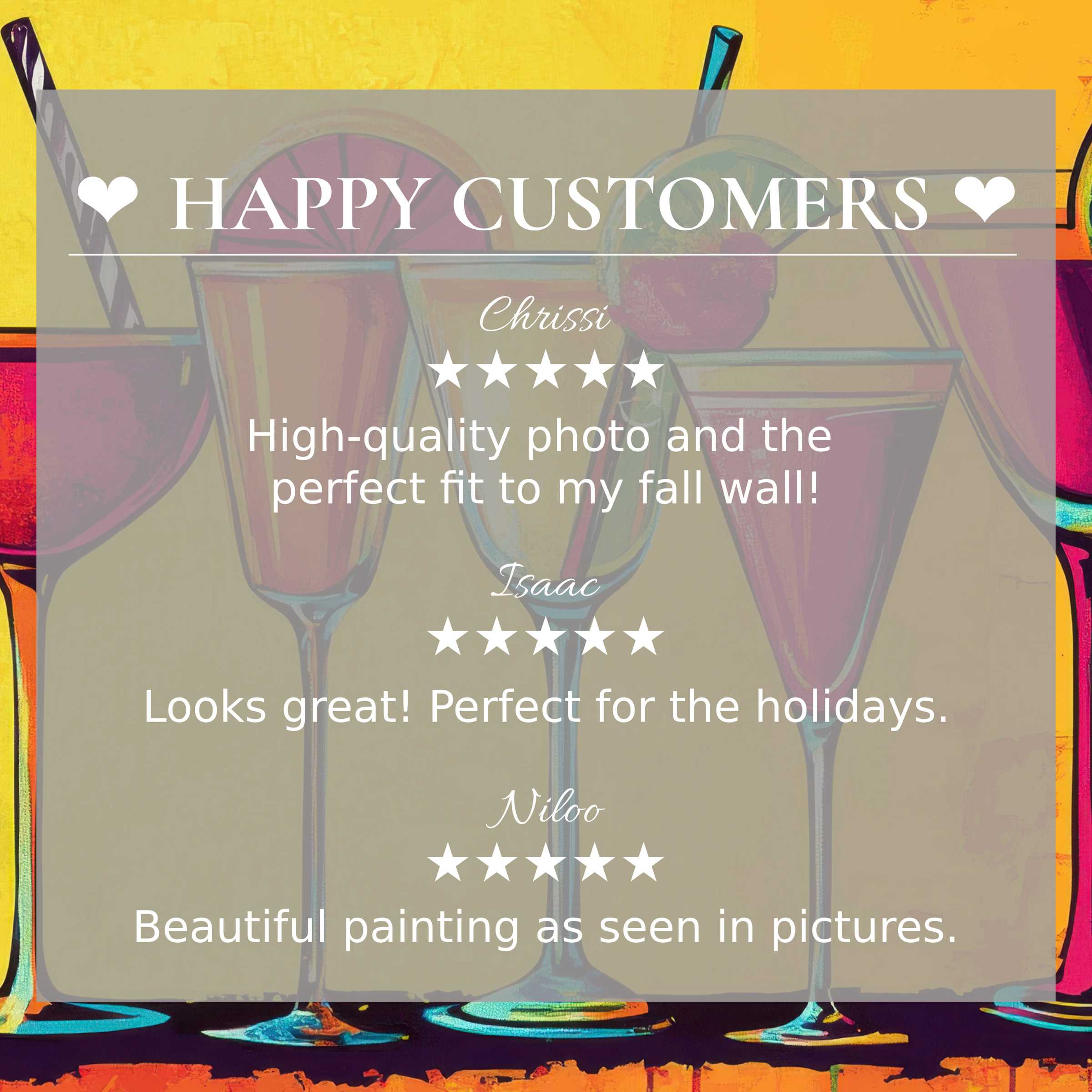 Pop art for Frame TV with vibrant cocktail glass art, showcasing happy customer reviews and elegant, trusted style