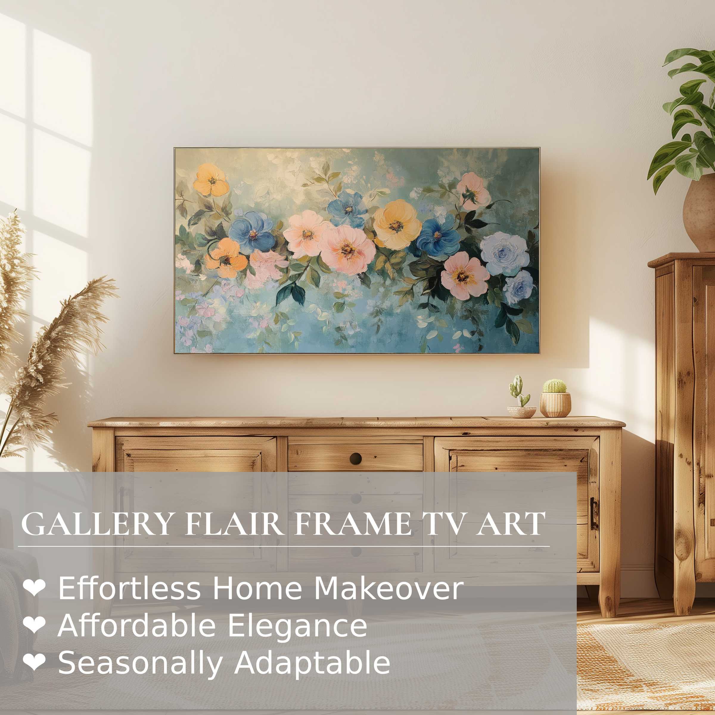 Elegant Samsung Frame TV displaying floral digital artwork in a sunlit, modern living space with natural wood accents