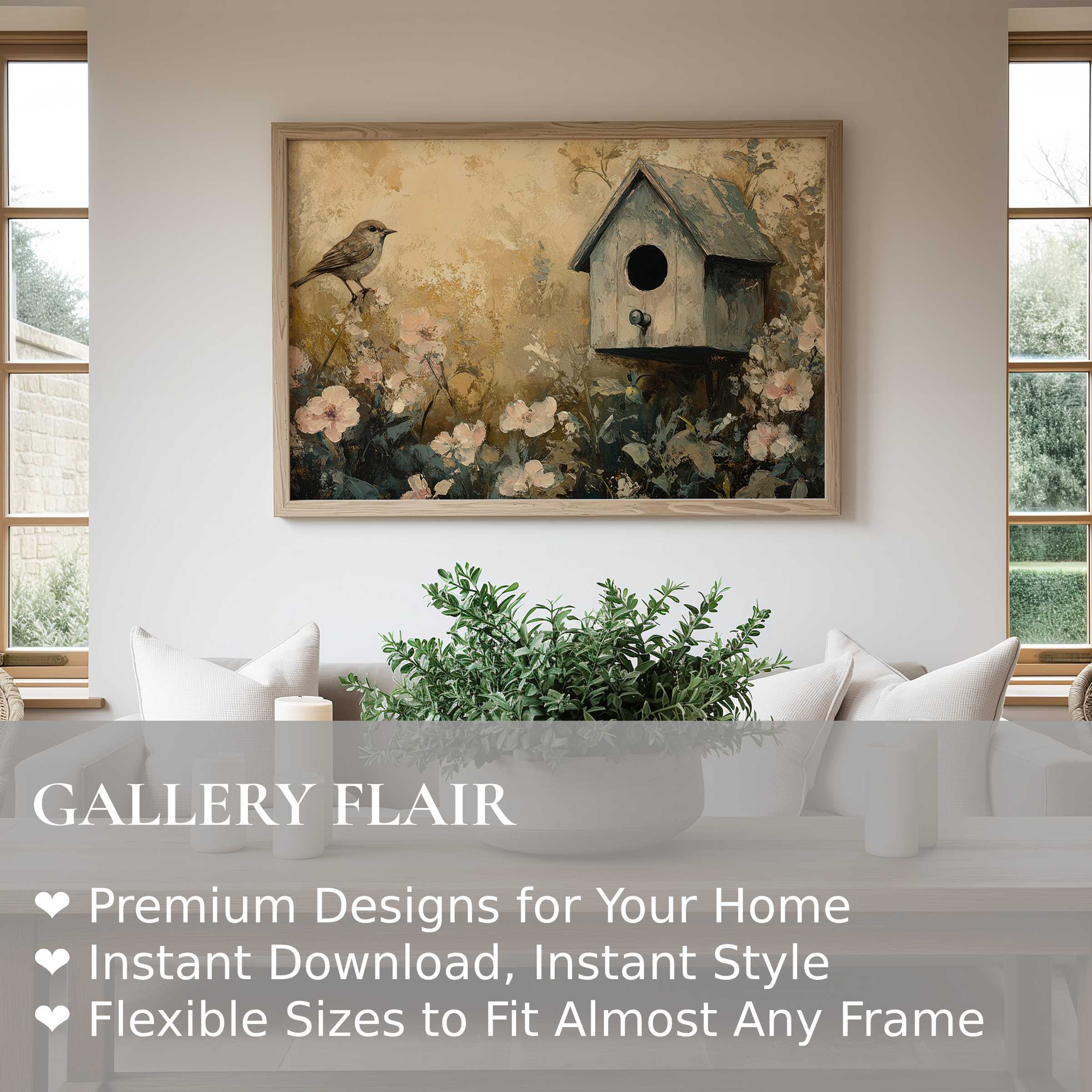 Spring wall art print featuring a serene birdhouse and soft blossoms in a muted palette, enriching minimalist, modern interiors with calming nature elegance