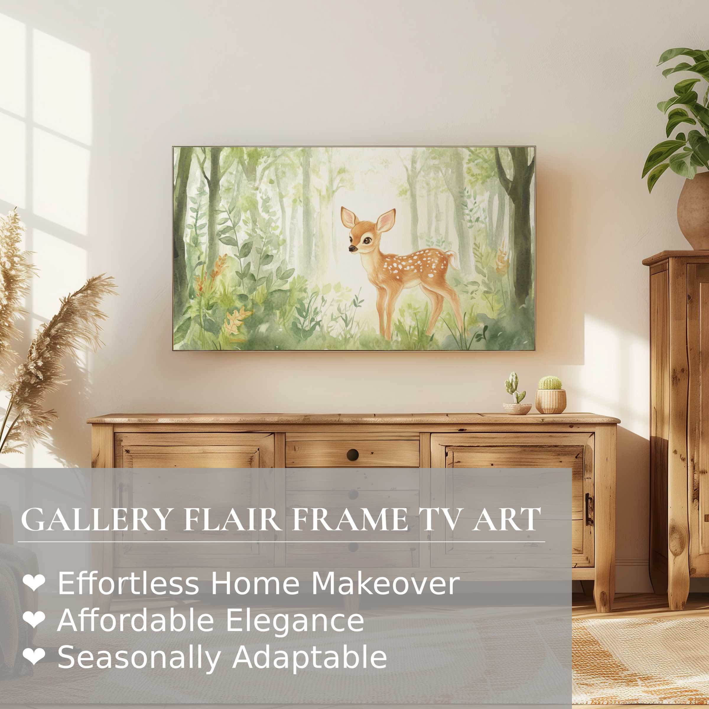 Elegant nursery digital artwork of a deer in a soft forest on Samsung Frame TV in a modern, serene setting
