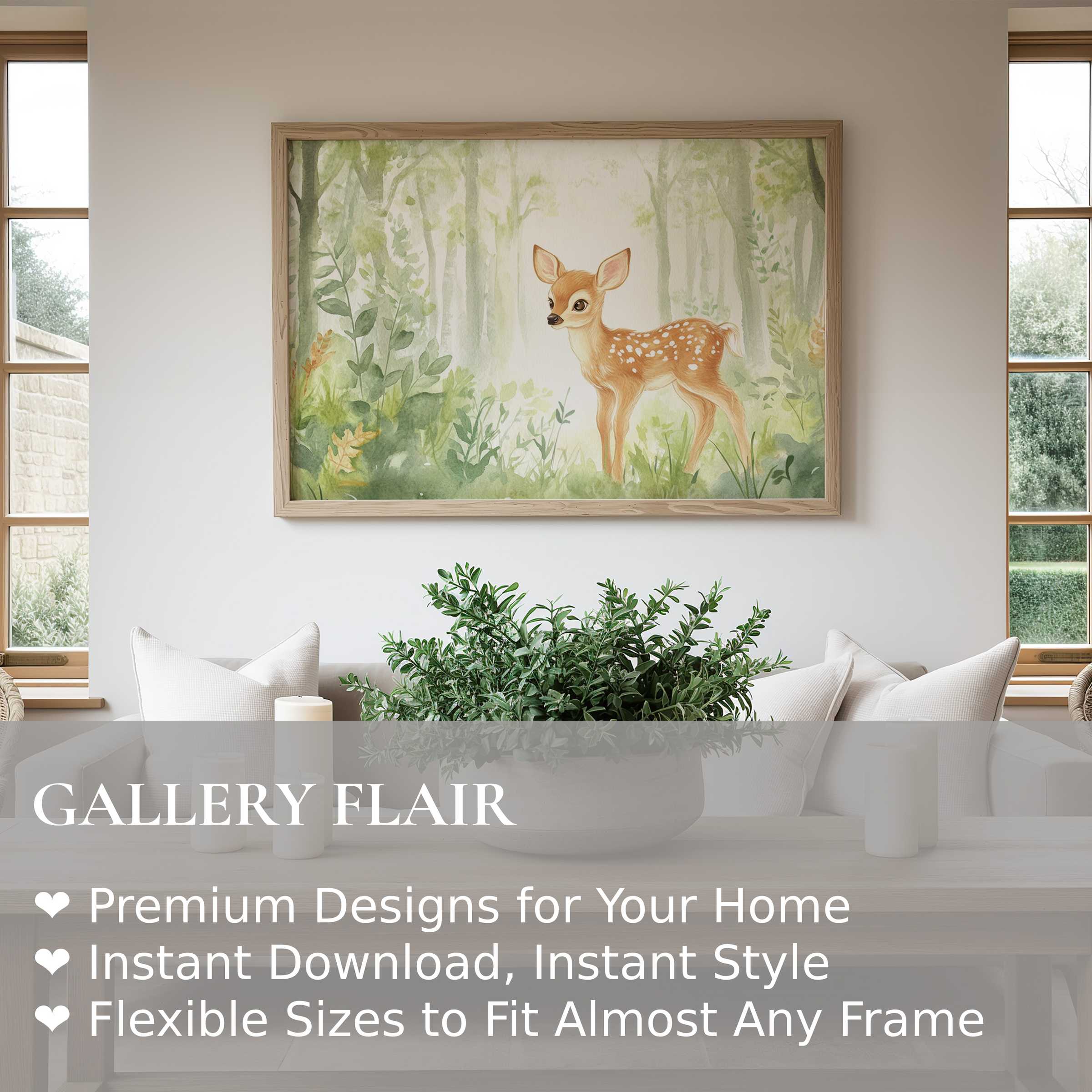 Nursery wall art print featuring a soft, radiant fawn in a serene woodland scene, enhancing modern, minimalist nurseries with calming nature-inspired charm