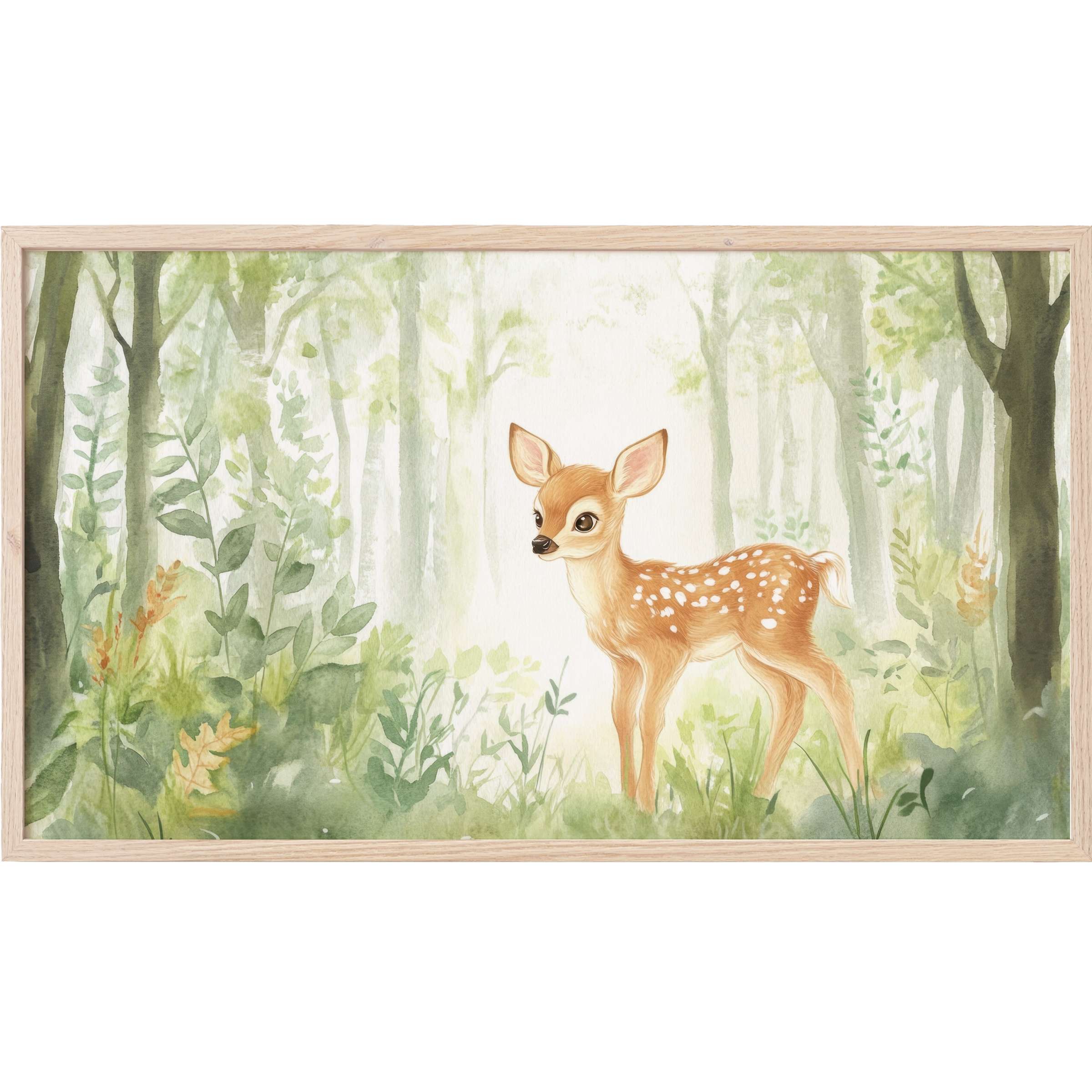 Soft watercolor woodland scene with a gentle fawn amid lush greens, perfect nursery Frame TV Art